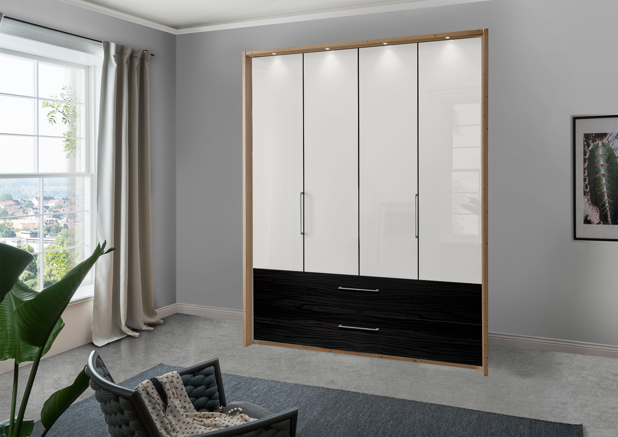 Munich 4 Door Wardrobe Glass White with Drawers 200 cm