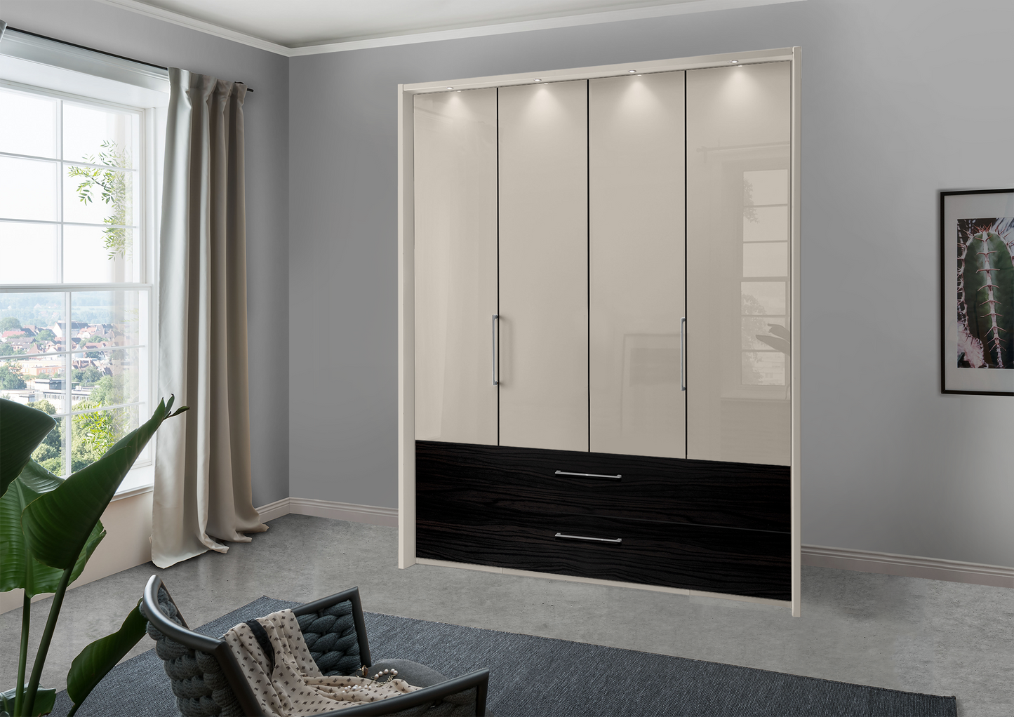 Munich 4 Door Wardrobe Glass Pebble Grey with Drawers 200 cm