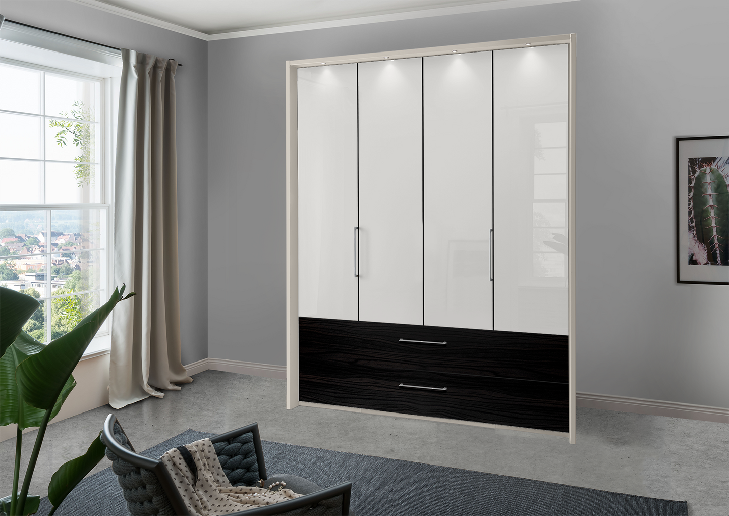 Munich 4 Door Wardrobe Glass White with Drawers 200 cm