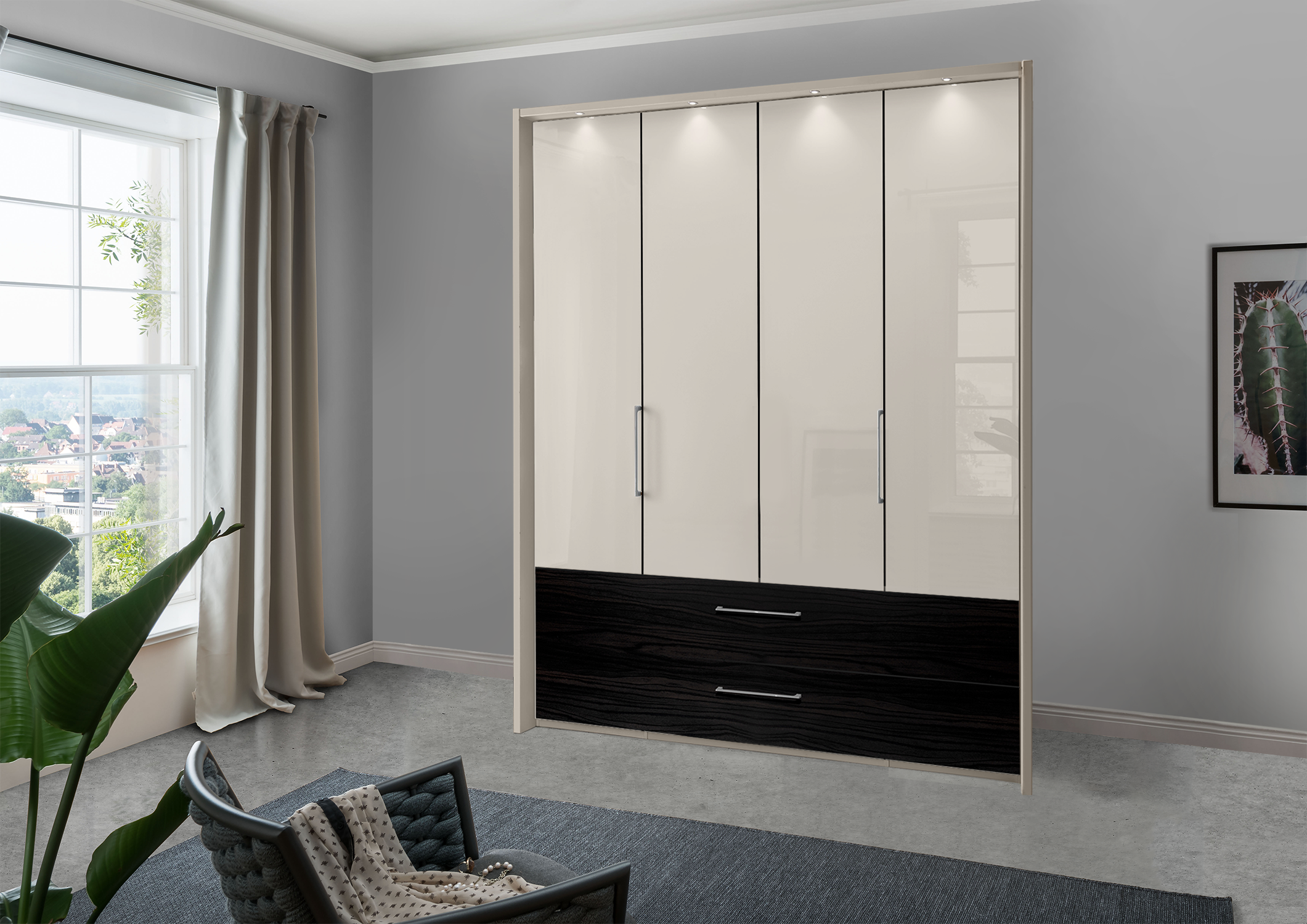 Munich 4 Door Wardrobe Glass Champagne with Drawers 200 cm