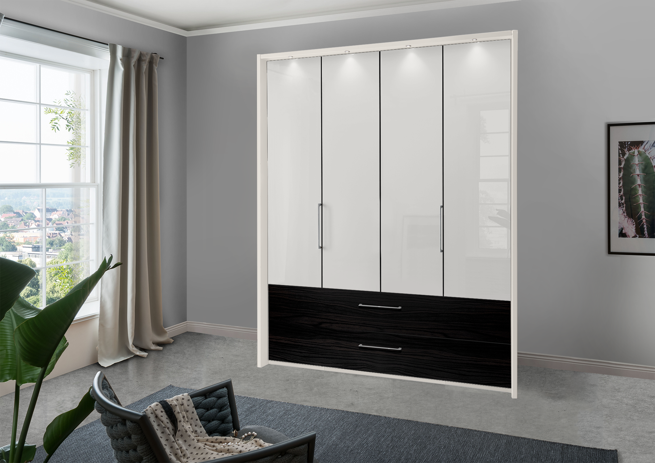 Munich 4 Door Wardrobe Glass White with Drawers 200 cm