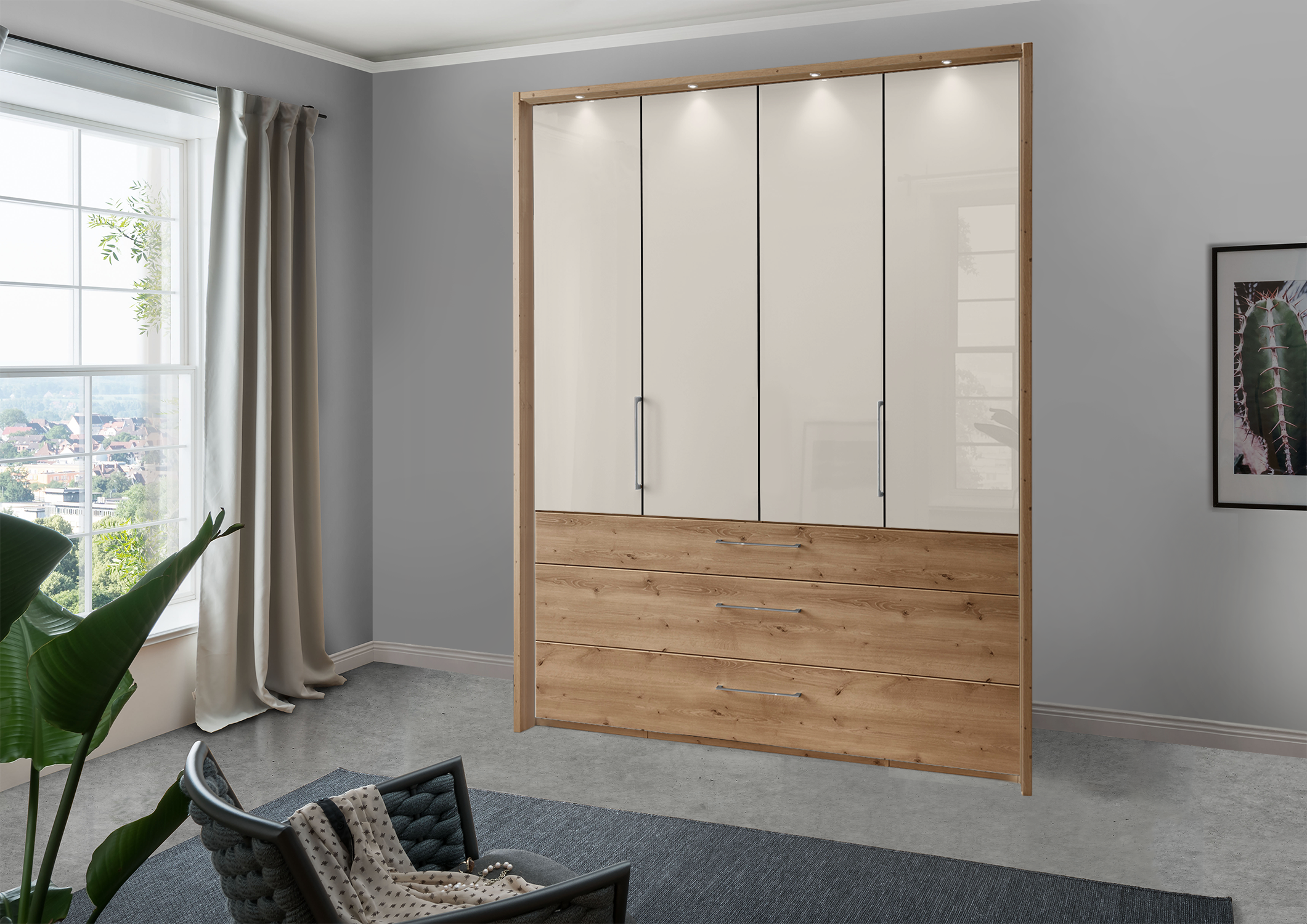 Munich 4 Door Wardrobe Glass Champagne with Drawers 200 cm