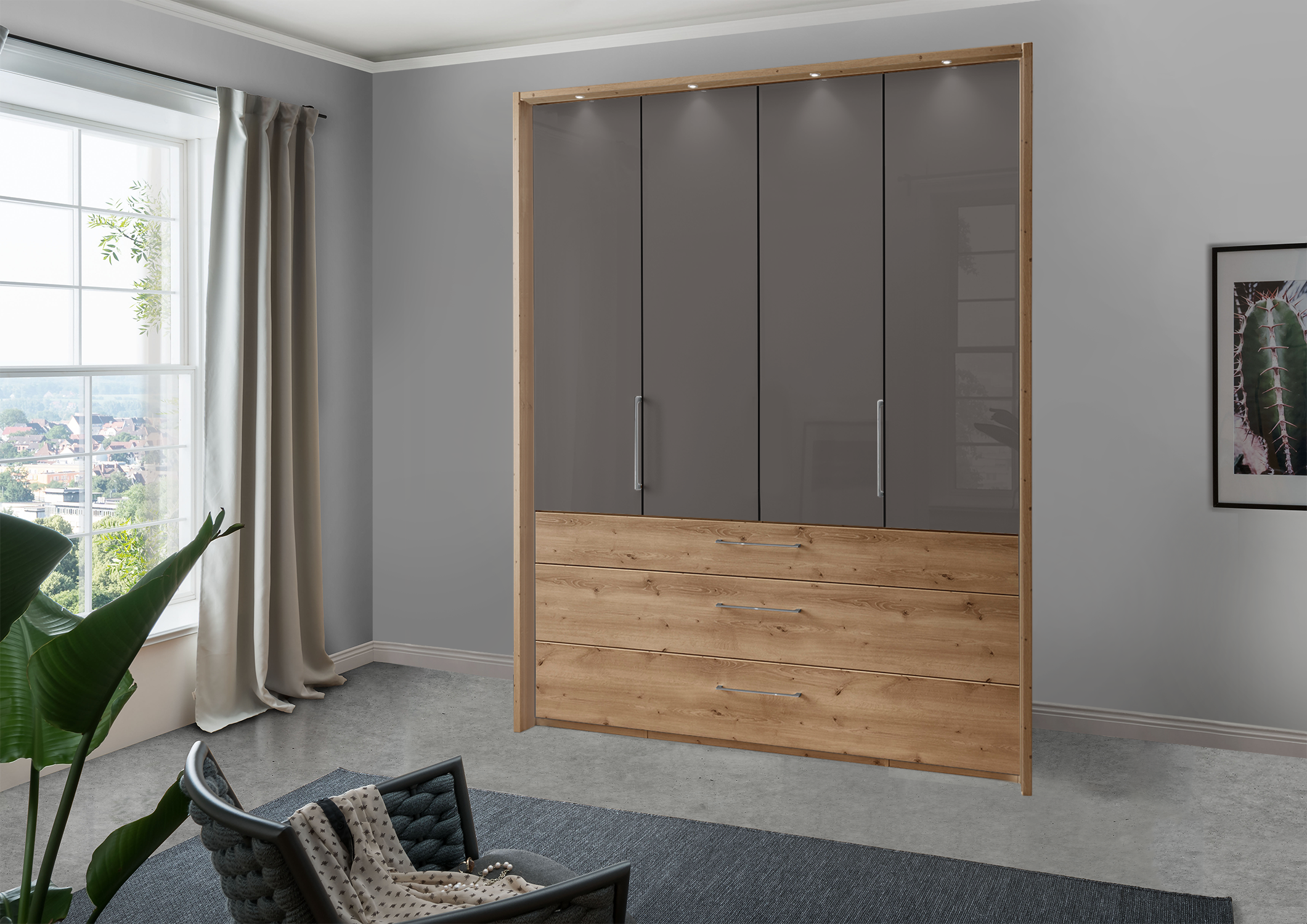 Munich 4 Door Wardrobe Glass Havana with Drawers 200 cm
