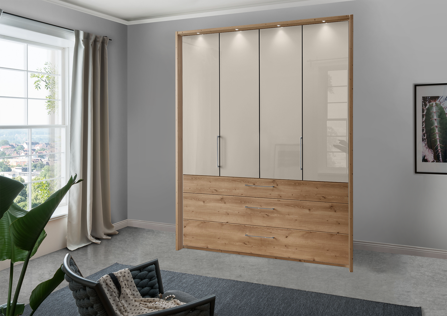 Munich 4 Door Wardrobe Glass Pebble Grey with Drawers 200 cm