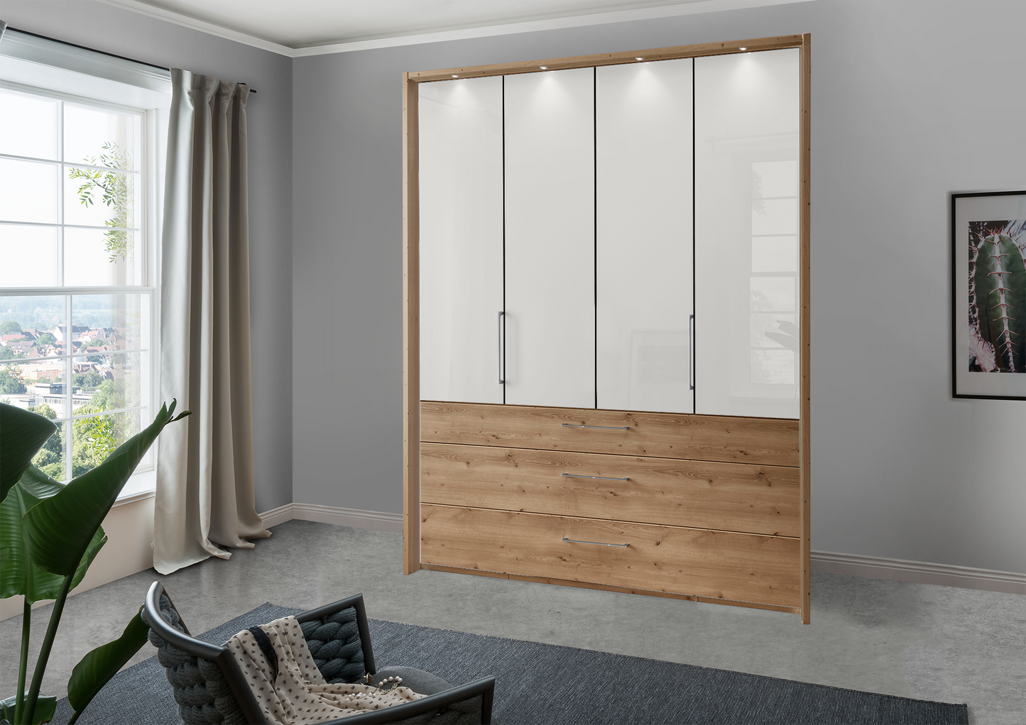 Munich 4 Door Wardrobe Glass White with Drawers 200 cm