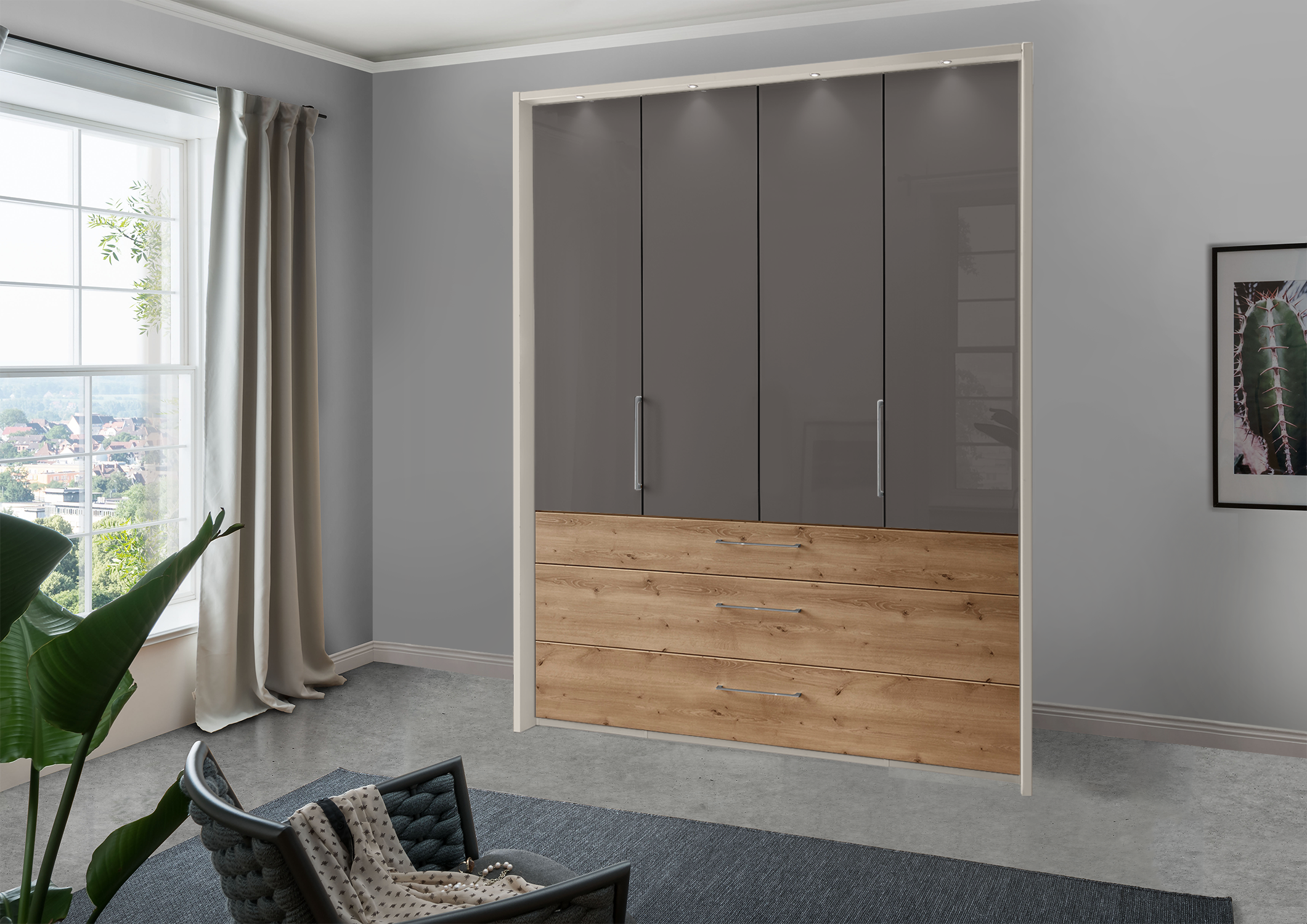 Munich 4 Door Wardrobe Glass Havana with Drawers 200 cm