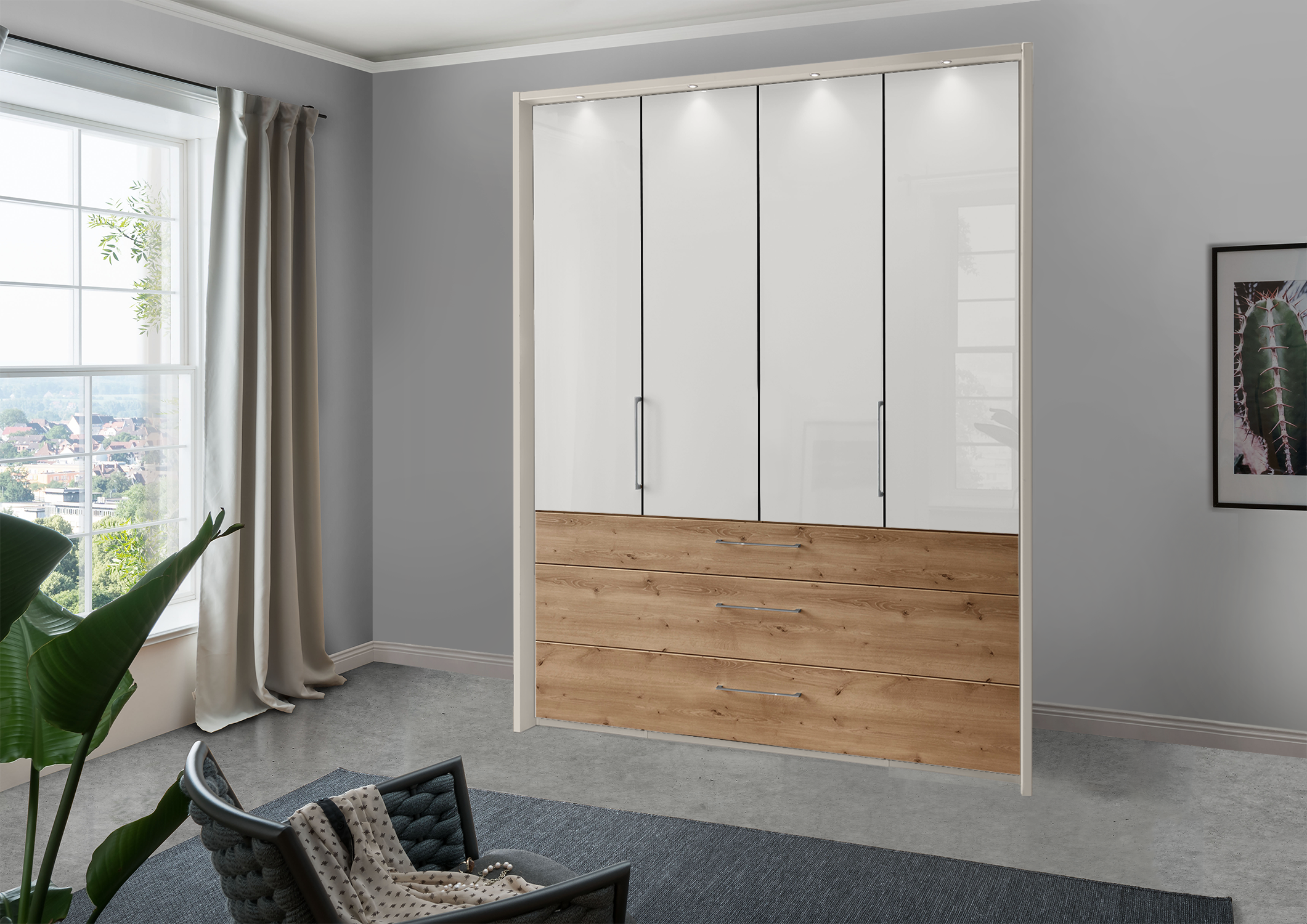Munich 4 Door Wardrobe Glass White with Drawers 200 cm