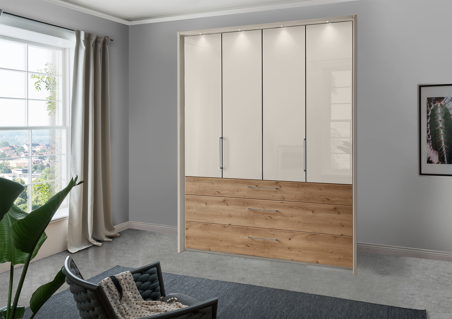 Munich 4 Door Wardrobe Glass Champagne with Drawers 200 cm