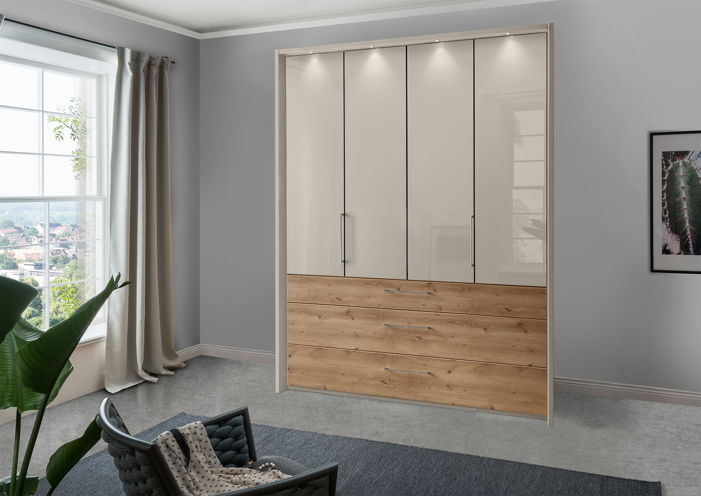 Munich 4 Door Wardrobe Glass Pebble Grey with Drawers 200 cm