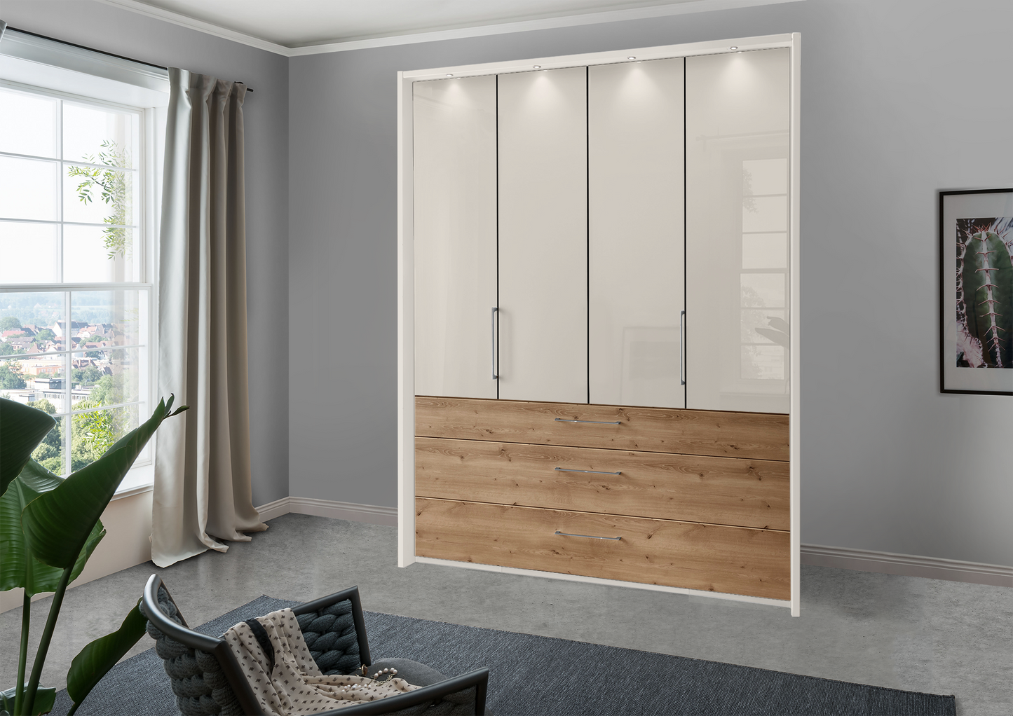 Munich 4 Door Wardrobe Glass Champagne with Drawers 200 cm