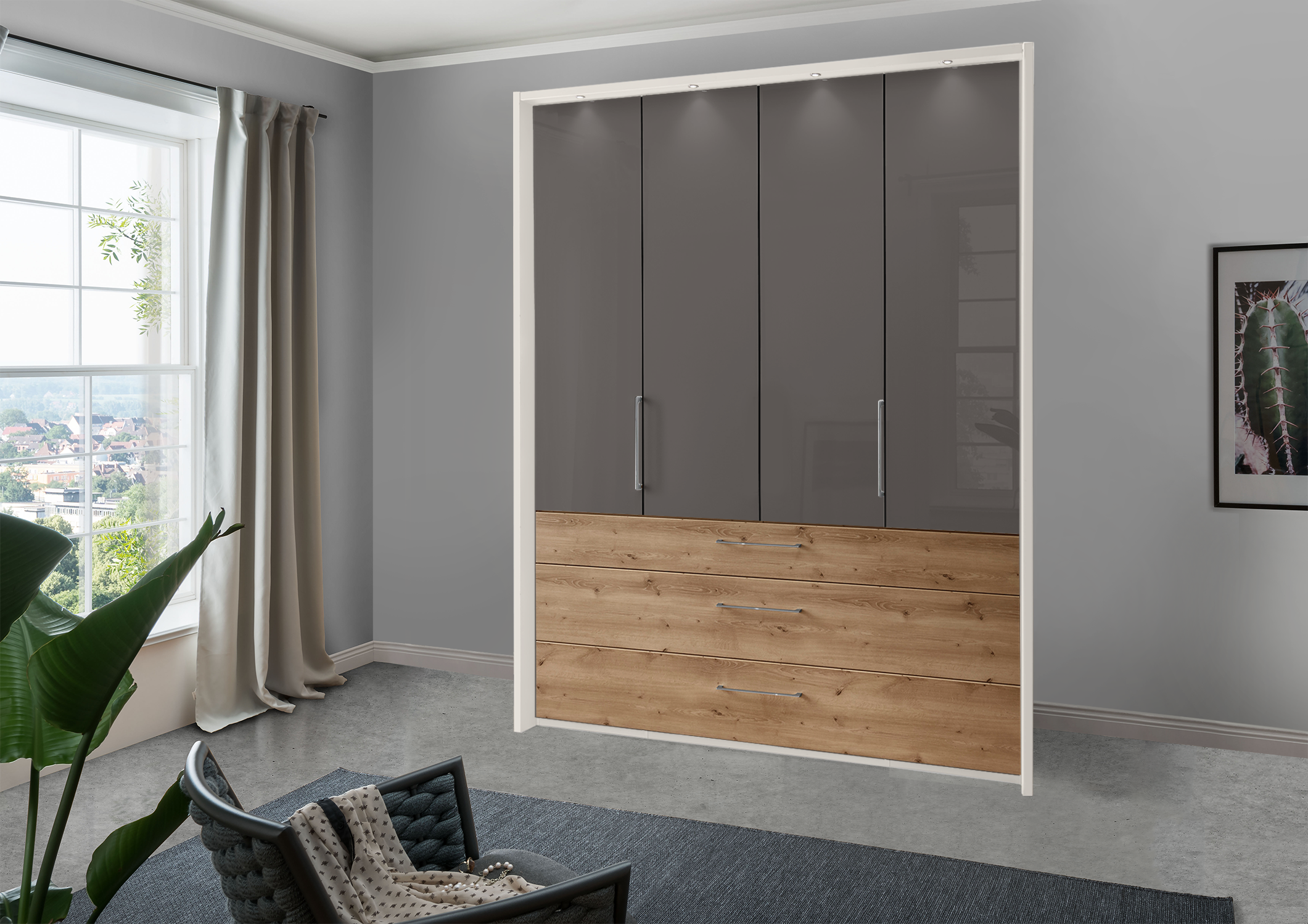 Munich 4 Door Wardrobe Glass Havana with Drawers 200 cm