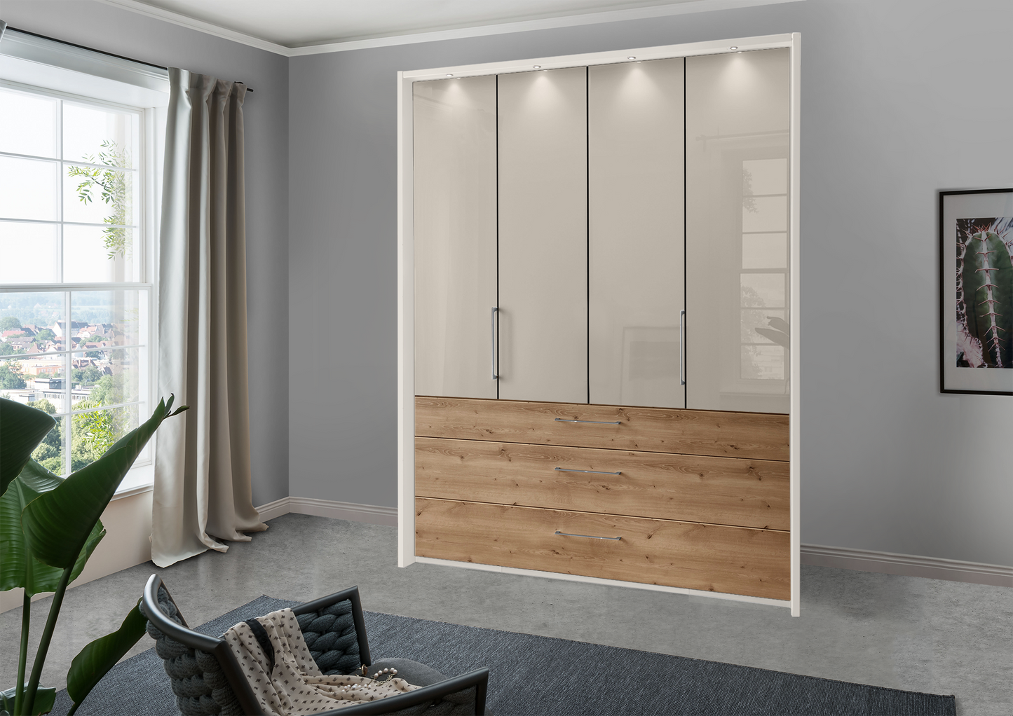 Munich 4 Door Wardrobe Glass Pebble Grey with Drawers 200 cm