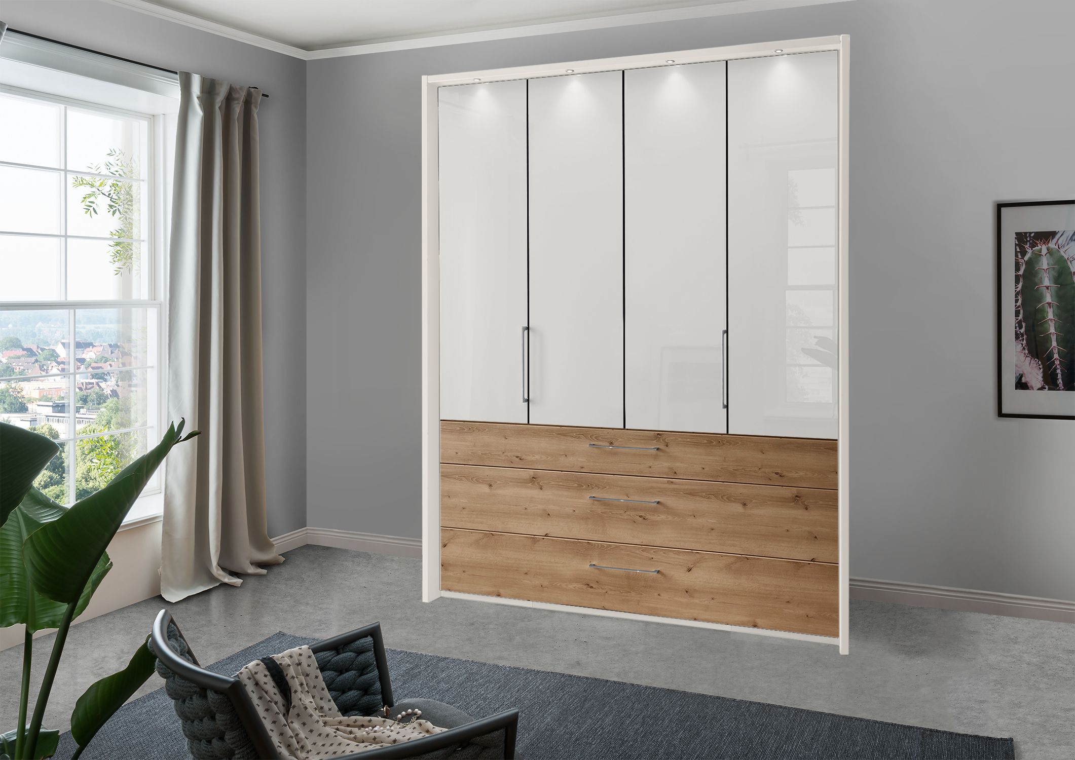 Munich 4 Door Wardrobe Glass White with Drawers 200 cm