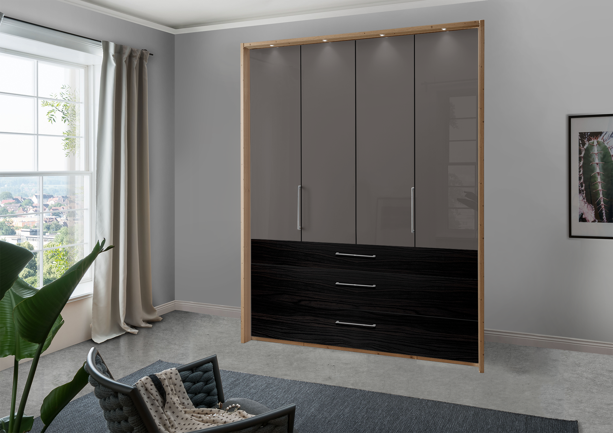 Munich 4 Door Wardrobe Glass Havana with Drawers 200 cm
