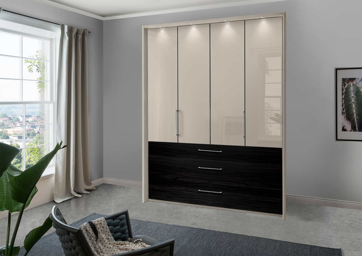 Munich 4 Door Wardrobe Glass Pebble Grey with Drawers 200 cm