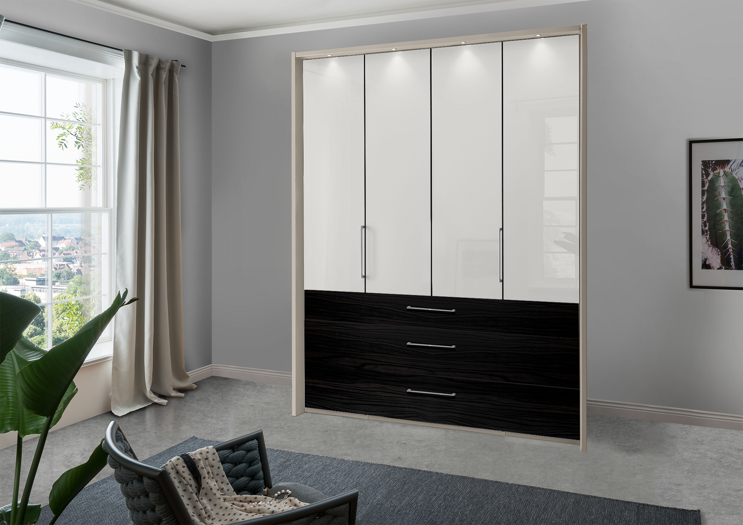 Munich 4 Door Wardrobe Glass White with Drawers 200 cm