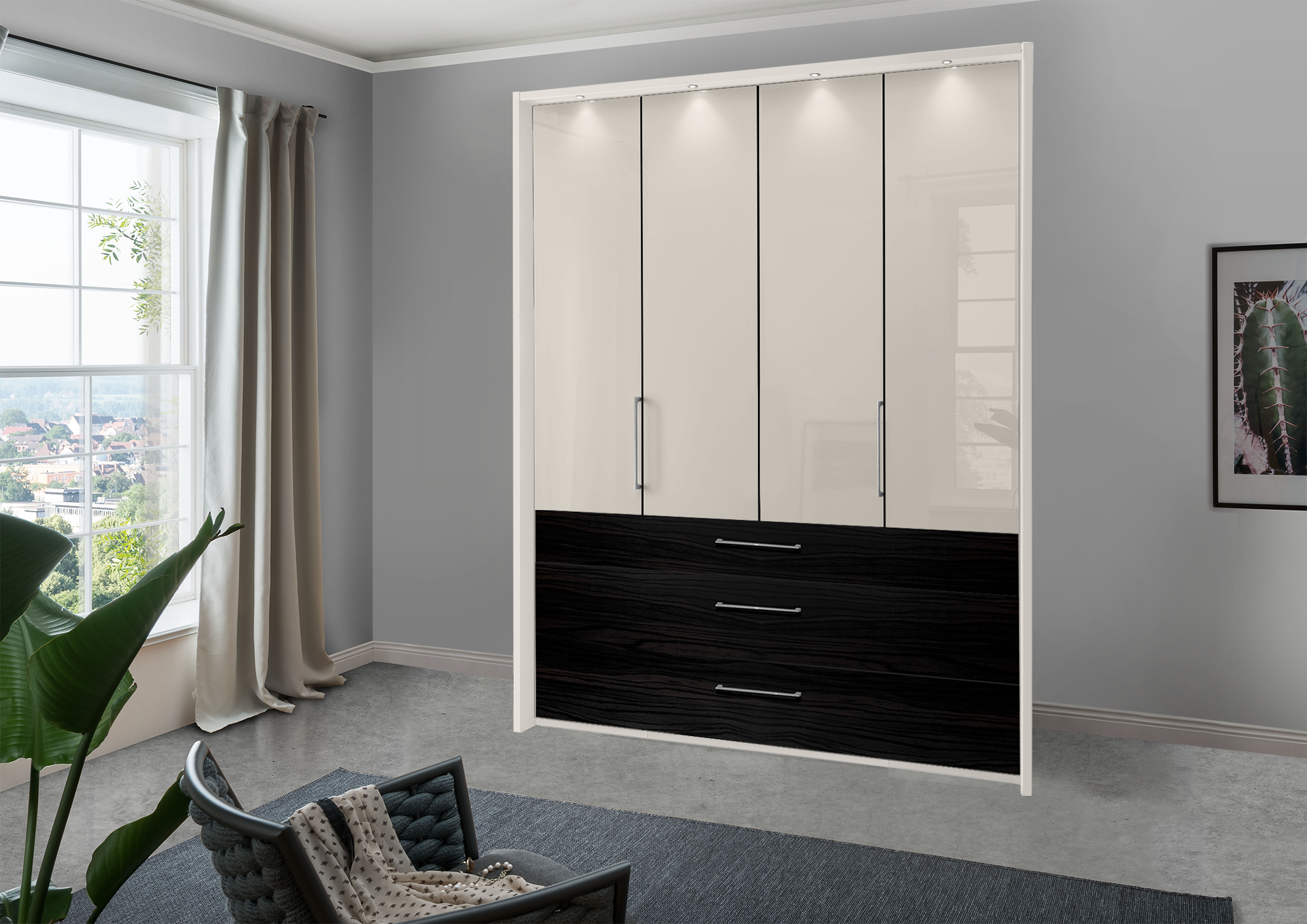 Munich 4 Door Wardrobe Glass Champagne with Drawers 200 cm