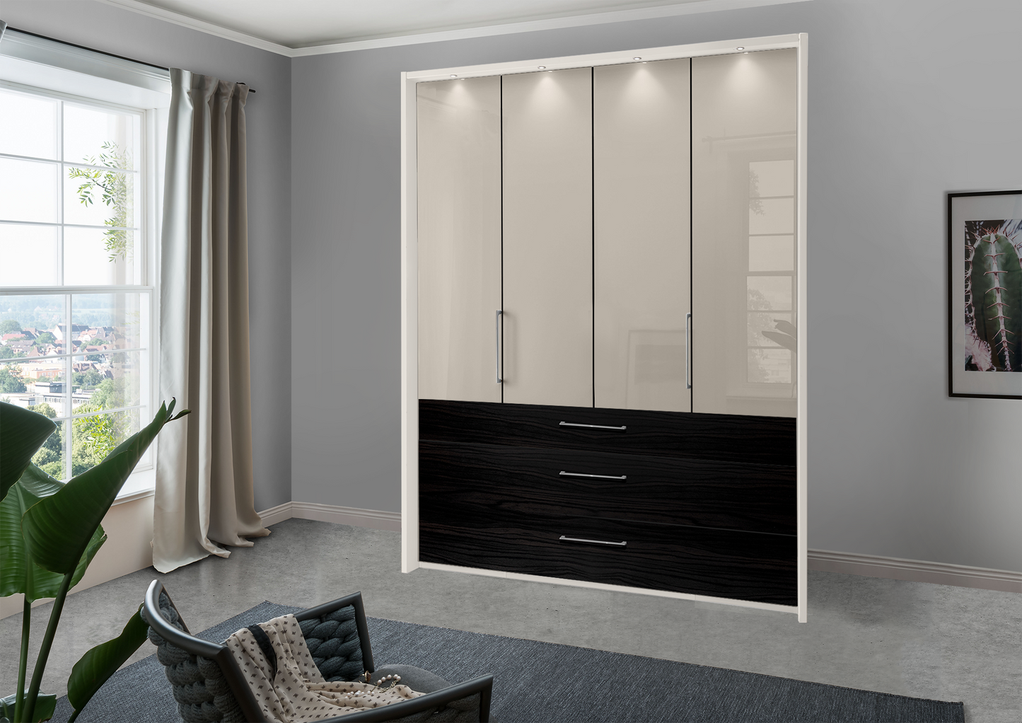 Munich 4 Door Wardrobe Glass Pebble Grey with Drawers 200 cm