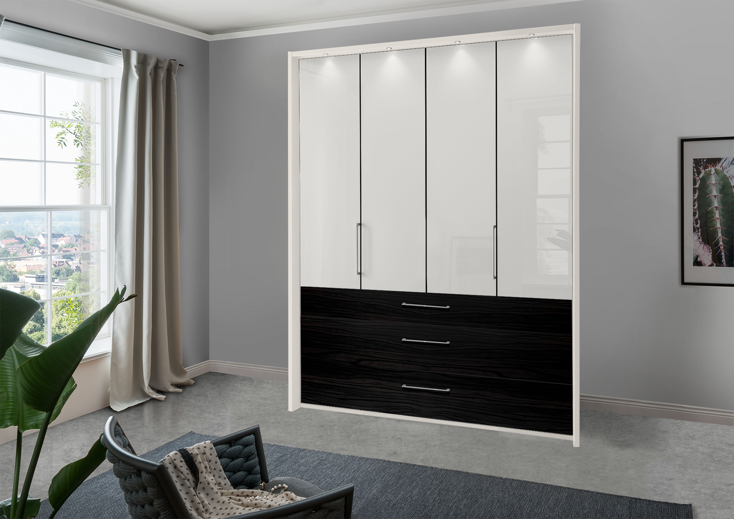 Munich 4 Door Wardrobe Glass White with Drawers 200 cm