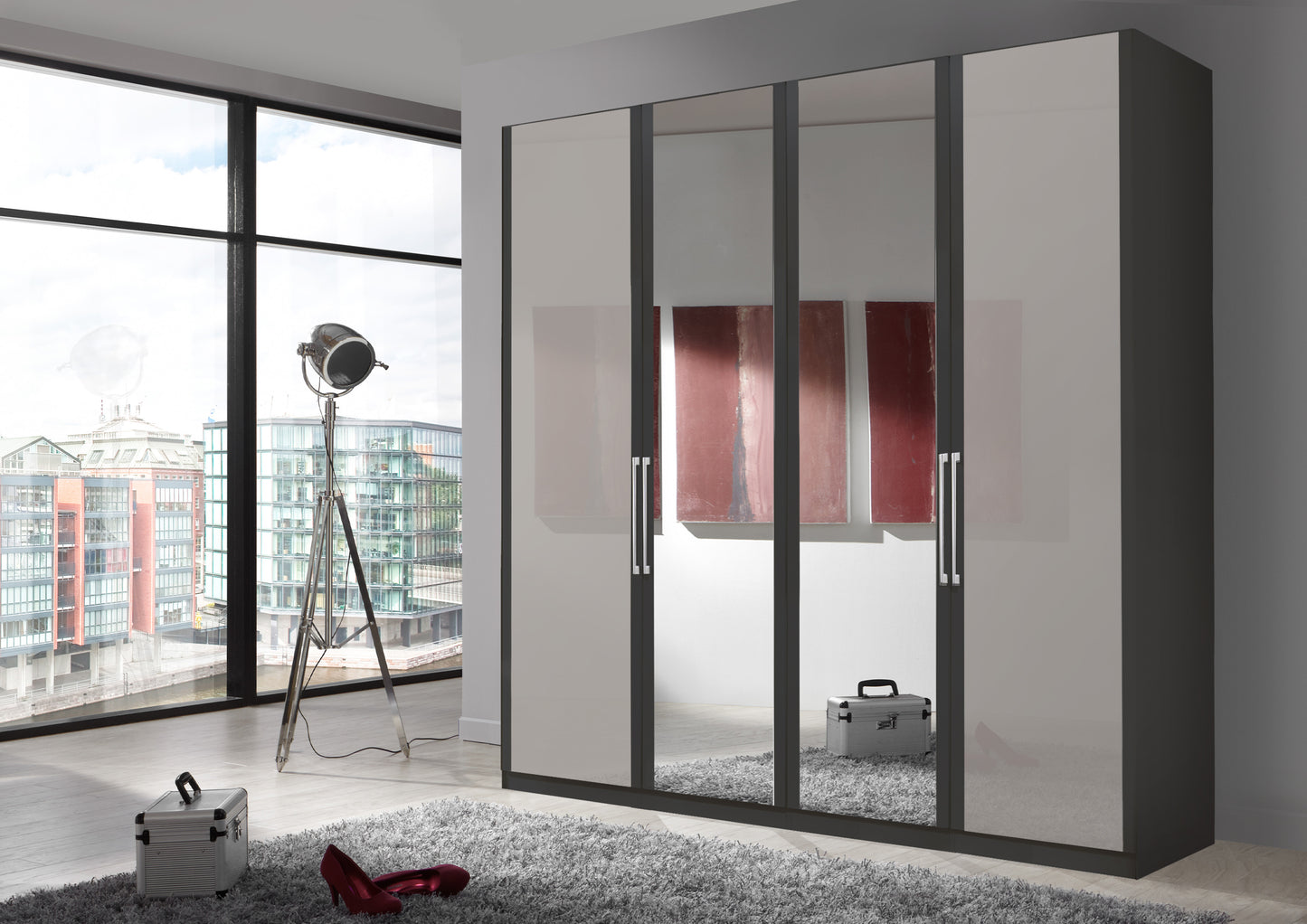 Bermuda Hinged 4 Door Wardrobe Glass Pebble Grey 200cm