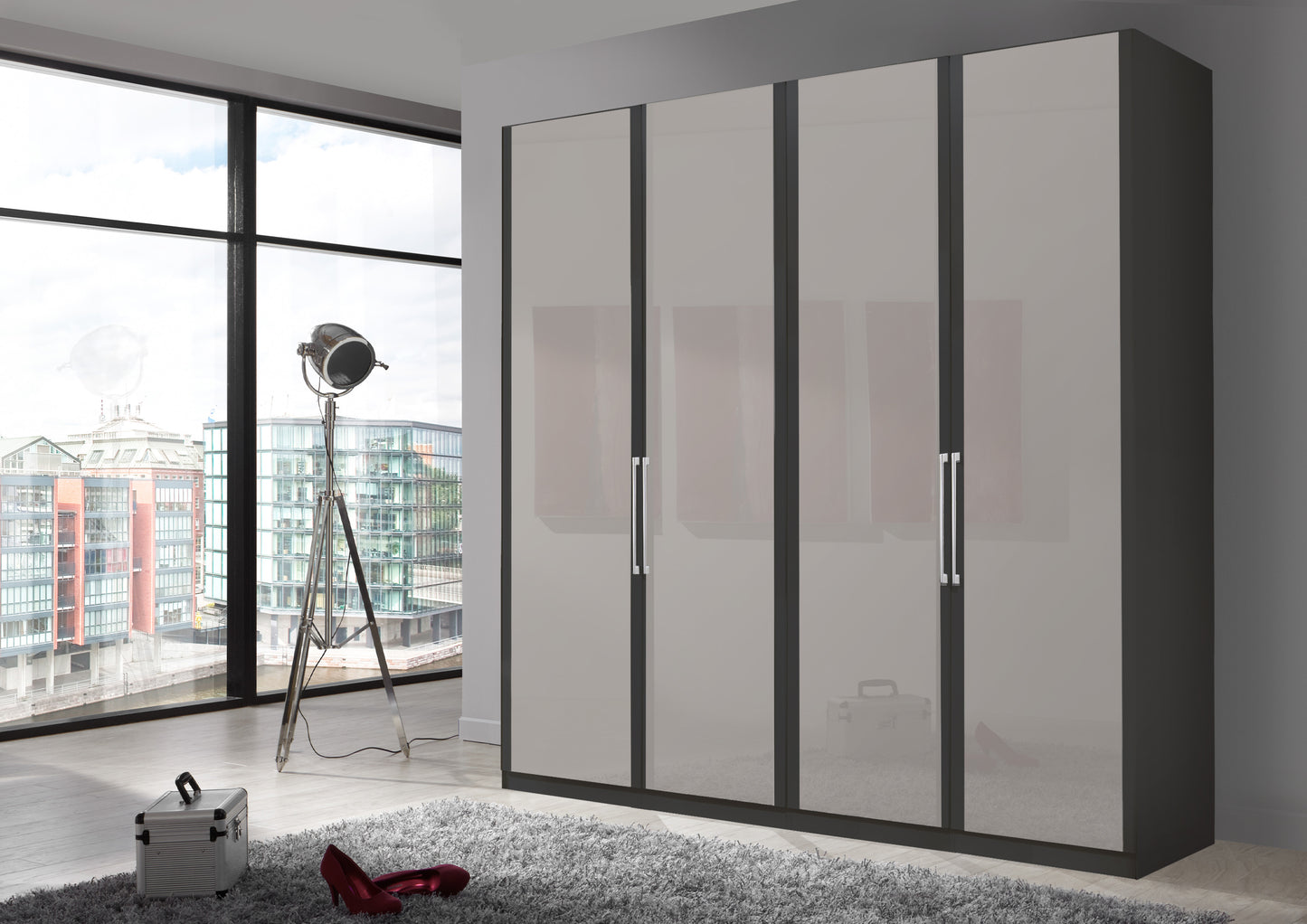 Bermuda Hinged 4 Door Wardrobe Glass Pebble Grey 200cm