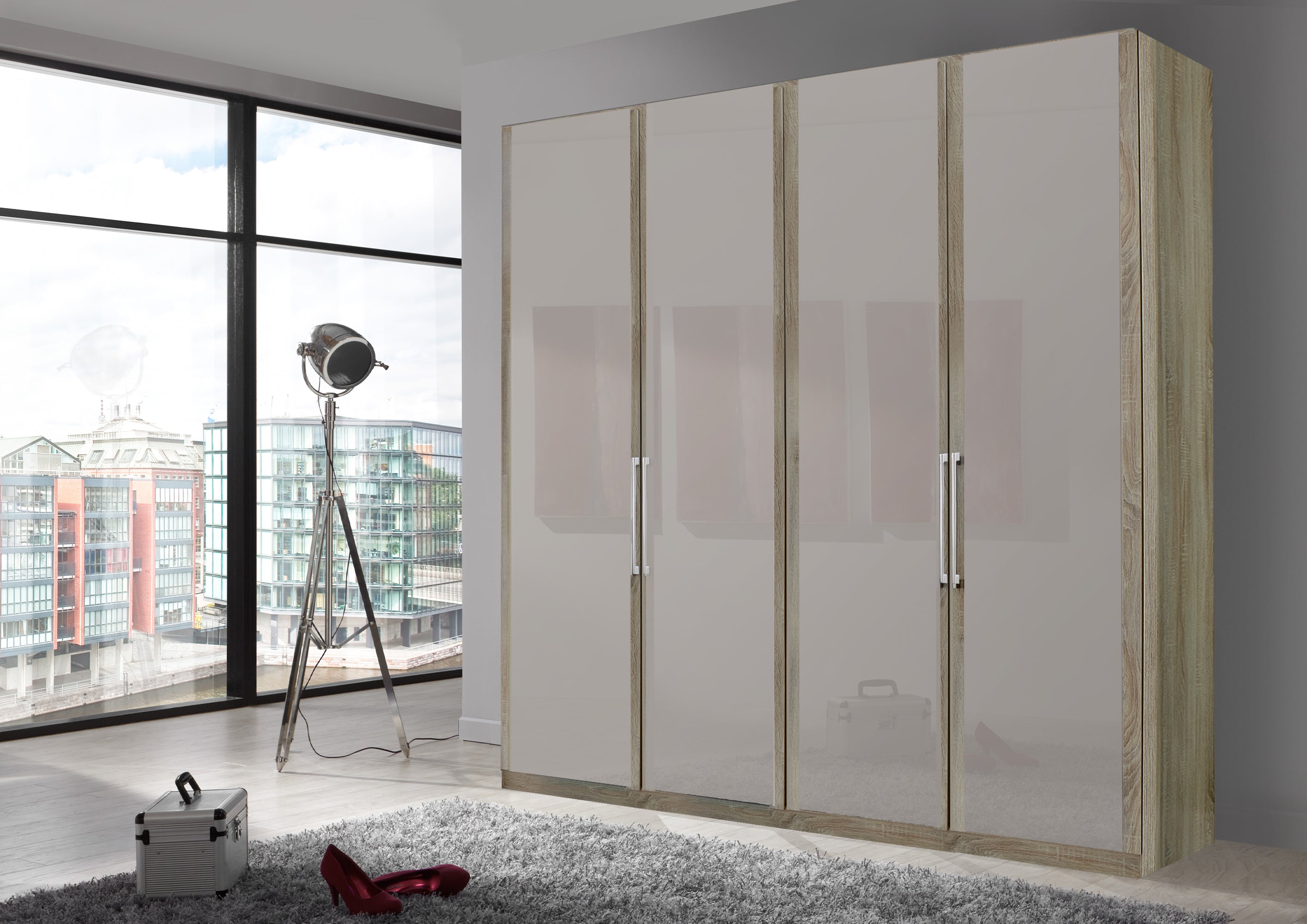 Bermuda Hinged 4 Door Wardrobe Glass Pebble Grey 200cm