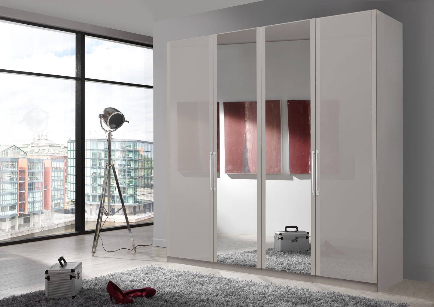 Bermuda Hinged 4 Door Wardrobe Glass Pebble Grey 200cm