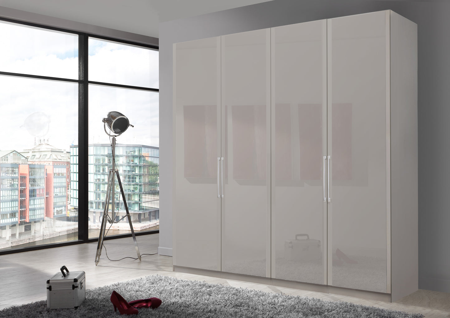 Bermuda Hinged 4 Door Wardrobe Glass Pebble Grey 200cm