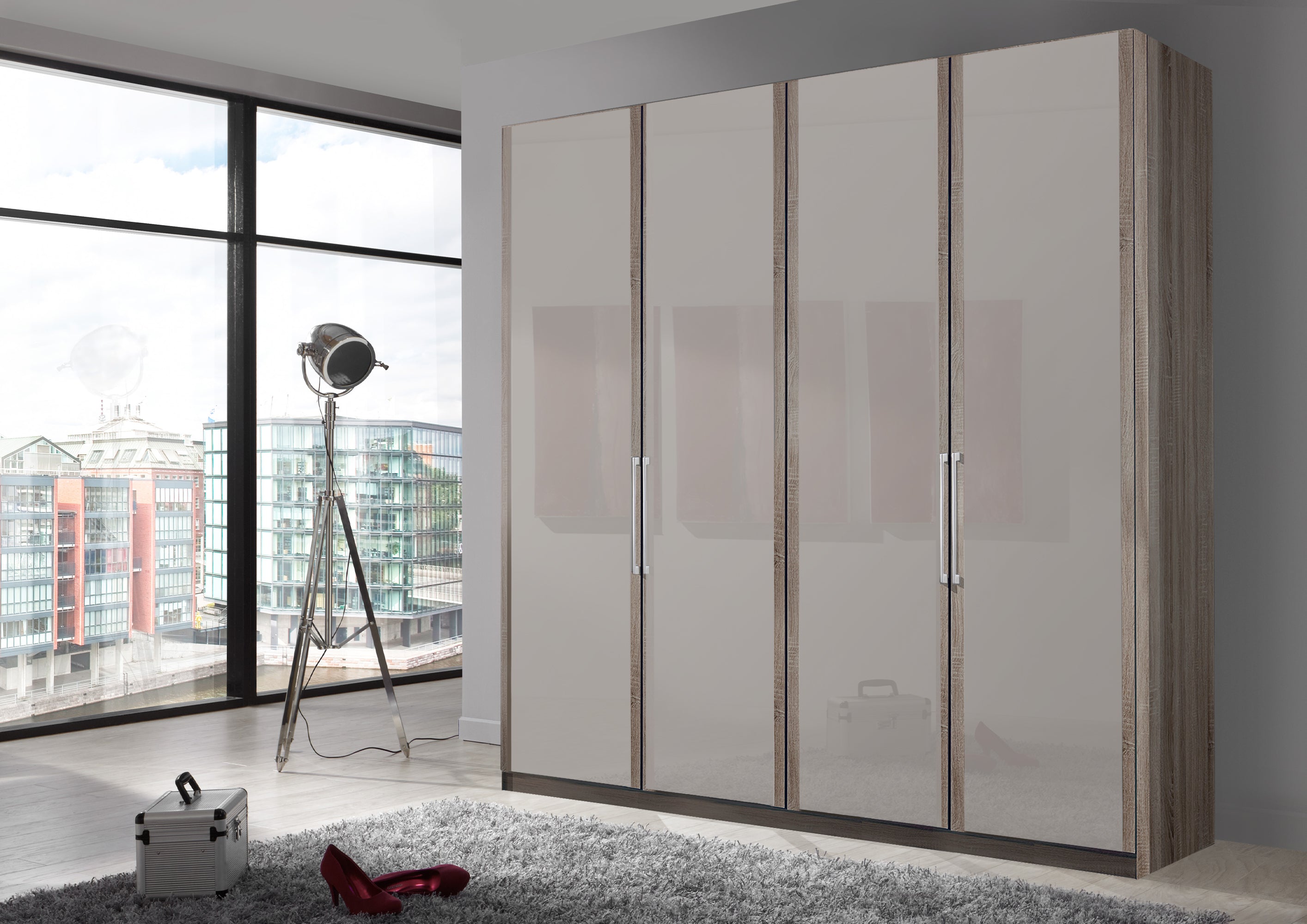 Bermuda Hinged 4 Door Wardrobe Glass Pebble Grey 200cm