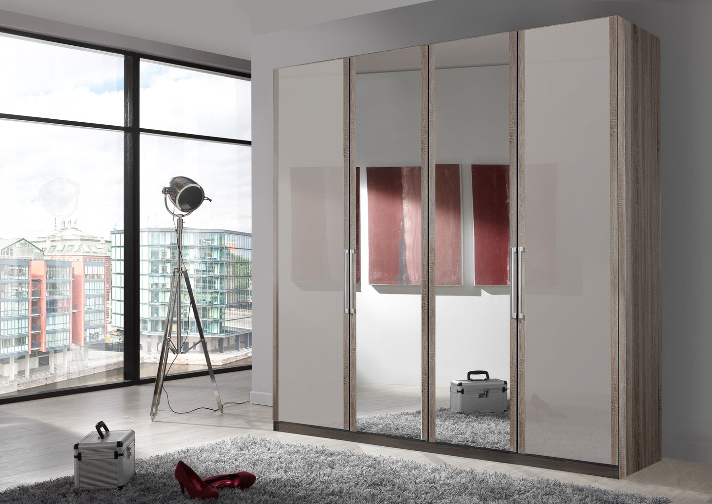 Bermuda Hinged 4 Door Wardrobe Glass Pebble Grey 200cm