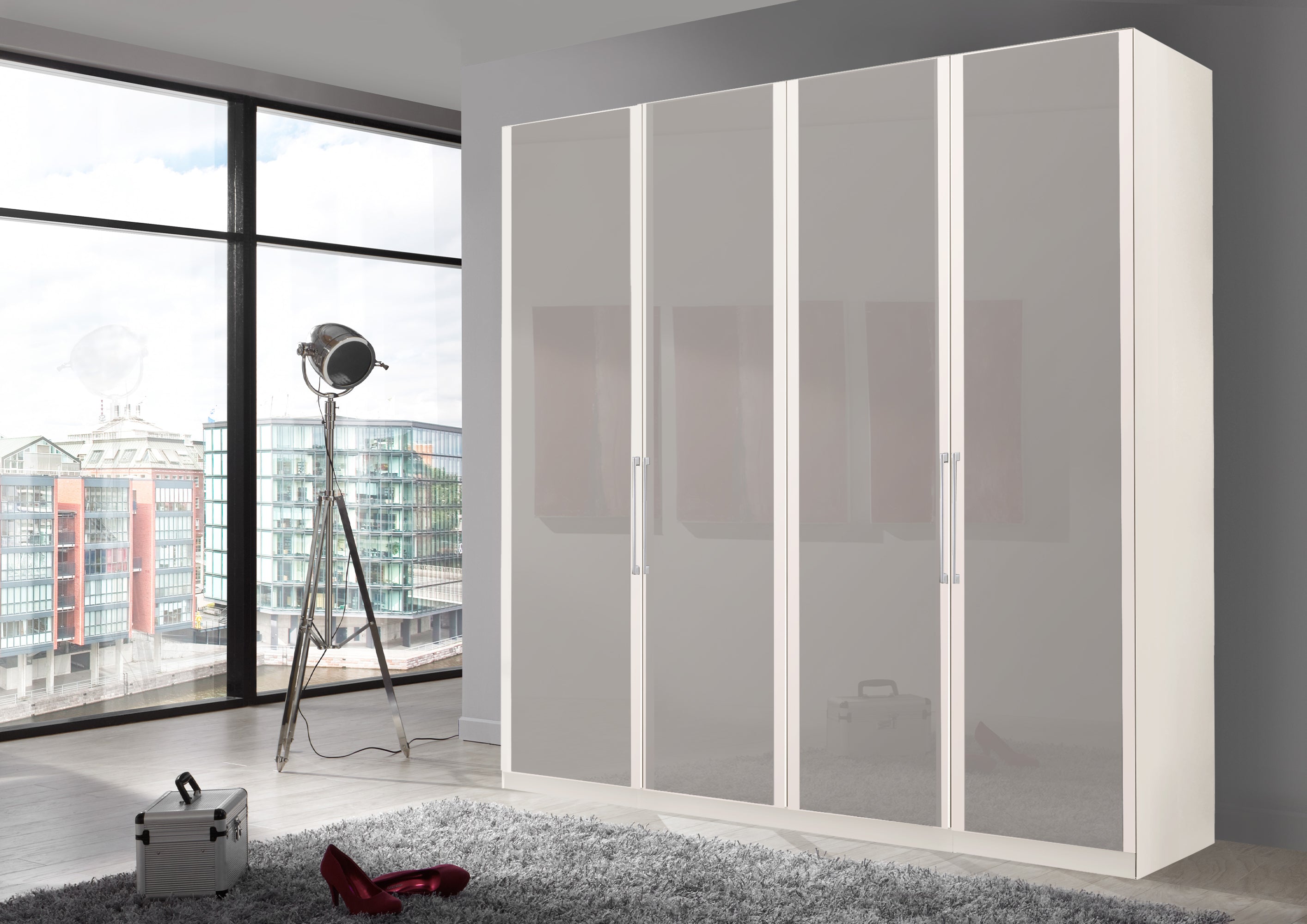 Bermuda Hinged 4 Door Wardrobe Glass Pebble Grey 200cm