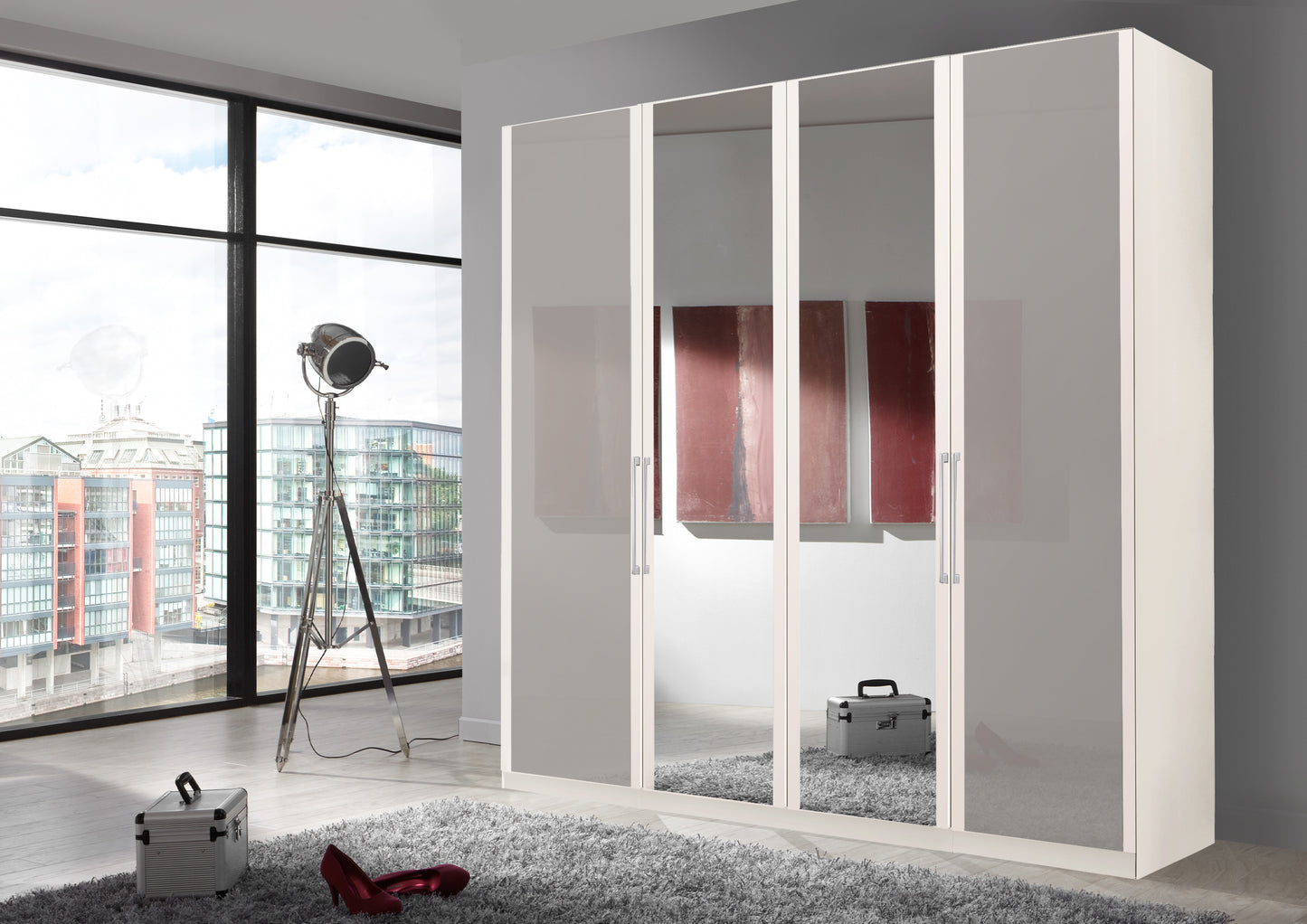 Bermuda Hinged 4 Door Wardrobe Glass Pebble Grey 200cm