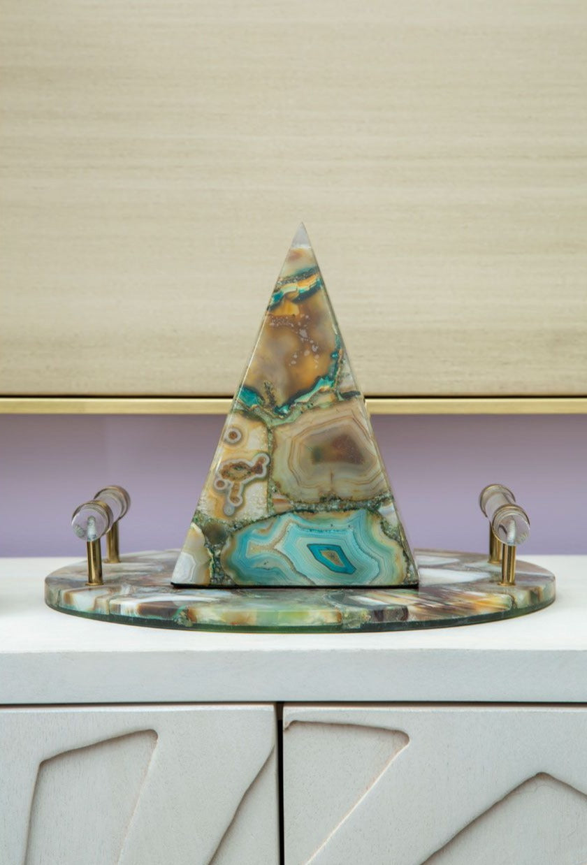 Bowerbird Round Green & Gold Agate Tray