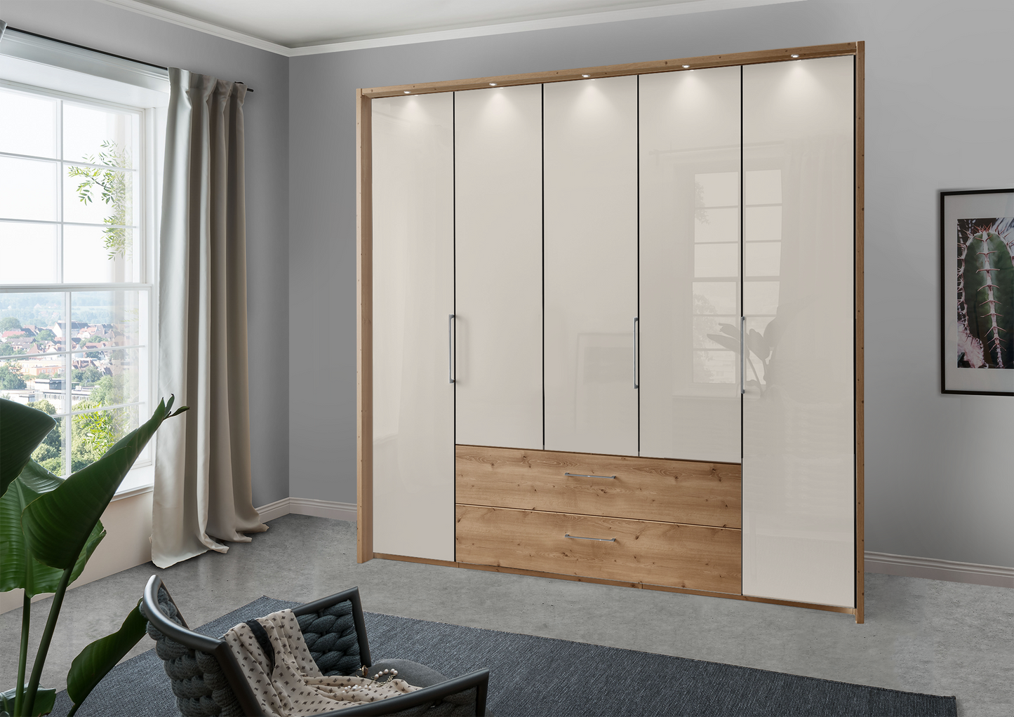 Munich 5 Door Wardrobe Glass Champagne with Drawers 250 cm