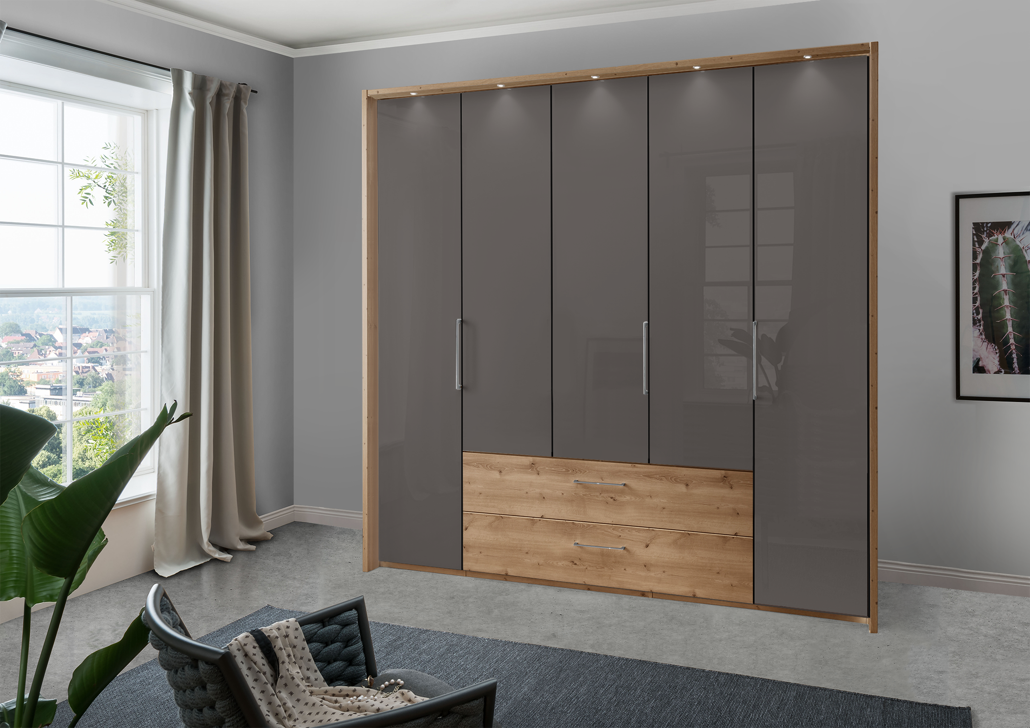 Munich 5 Door Wardrobe Glass Havana with Drawers 250 cm