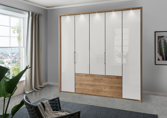 Munich 5 Door Wardrobe Glass White with Drawers 250 cm