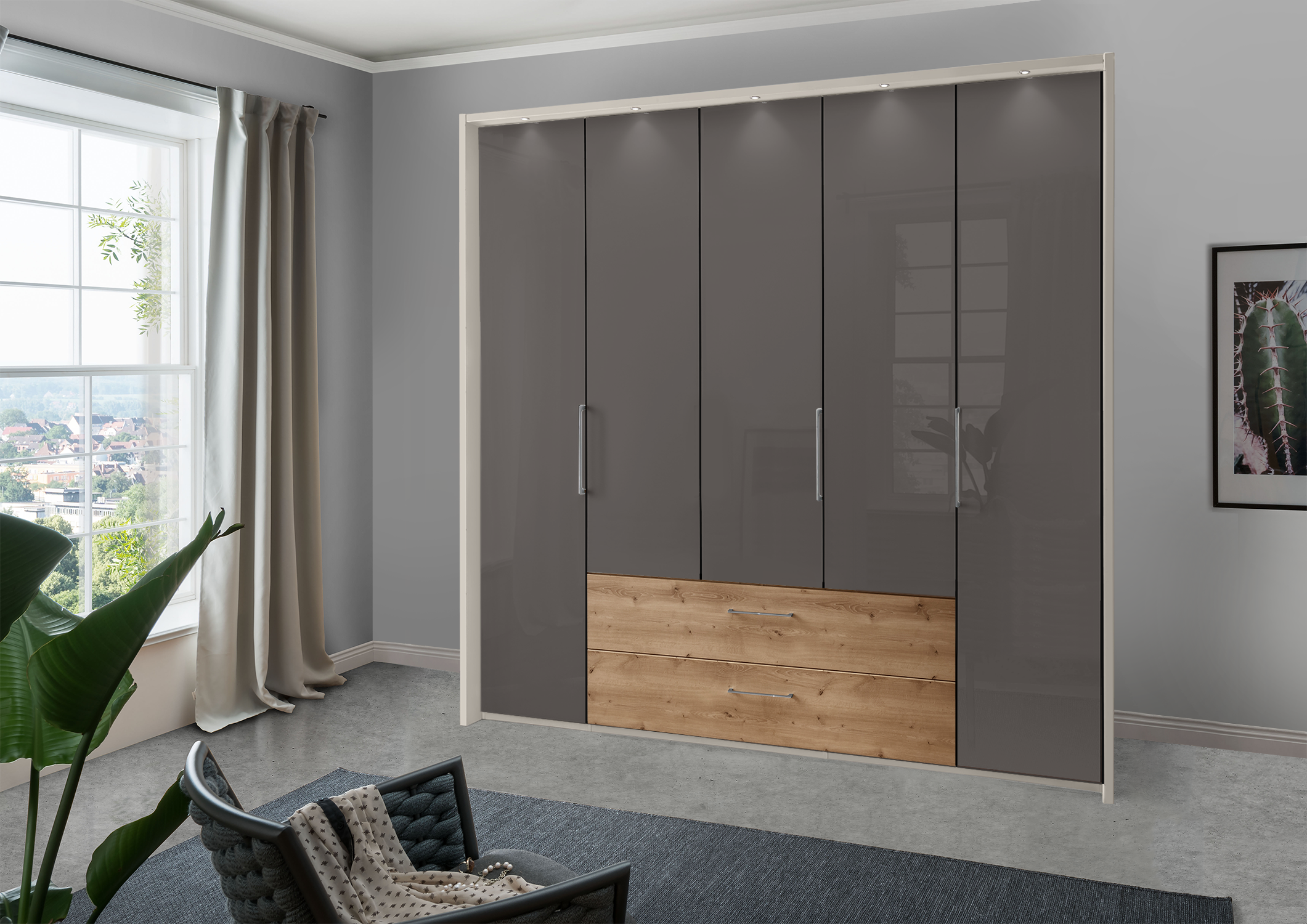 Munich 5 Door Wardrobe Glass Havana with Drawers 250 cm