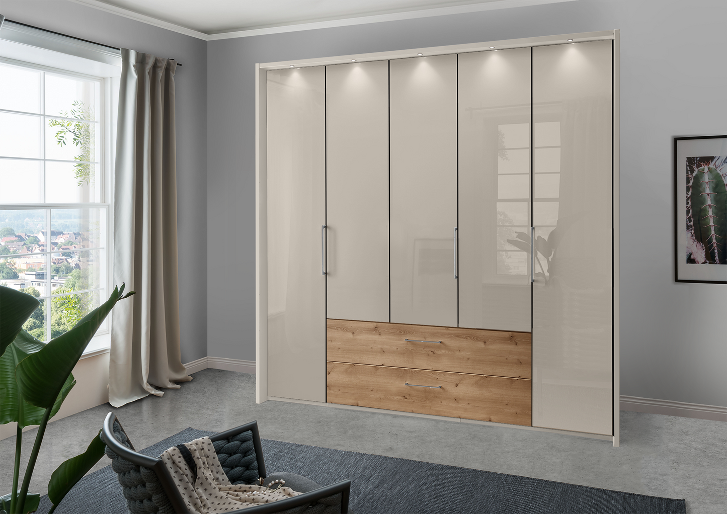 Munich 5 Door Wardrobe Glass Pebble Grey with Drawers 250 cm