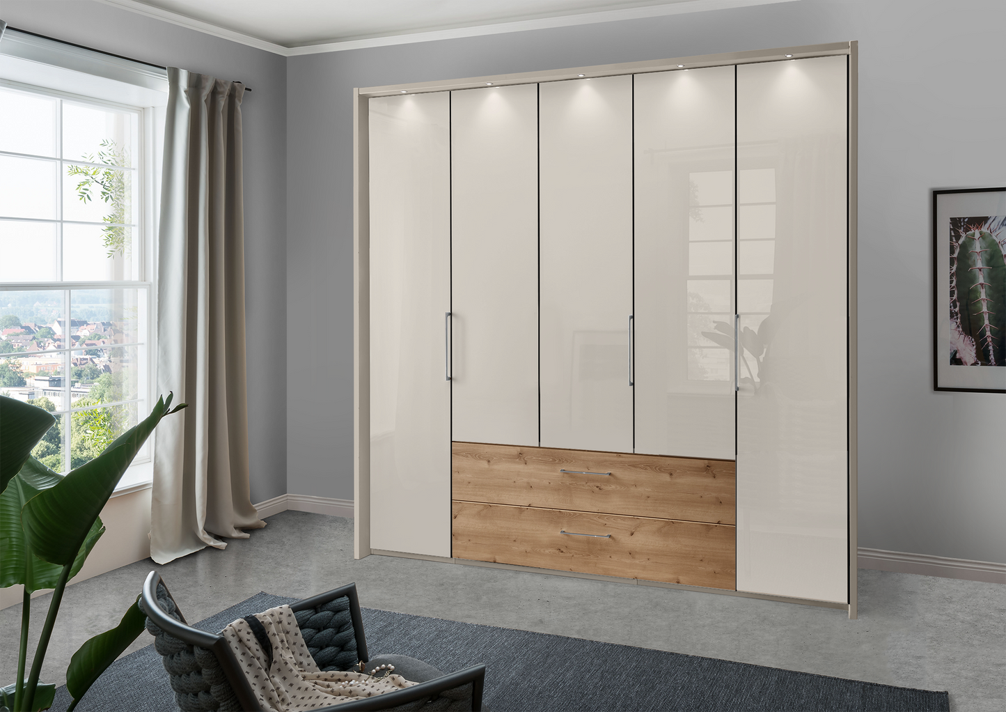 Munich 5 Door Wardrobe Glass Champagne with Drawers 250 cm