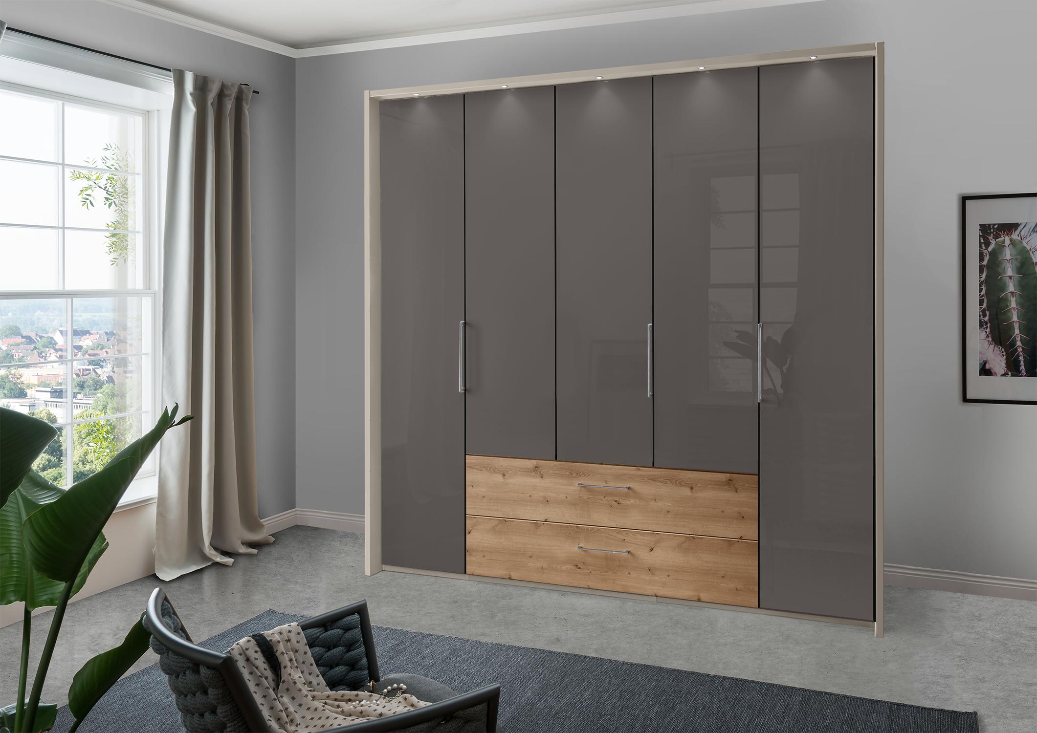 Munich 5 Door Wardrobe Glass Havana with Drawers 250 cm