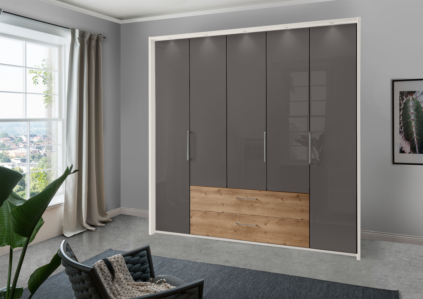 Munich 5 Door Wardrobe Glass Havana with Drawers 250 cm