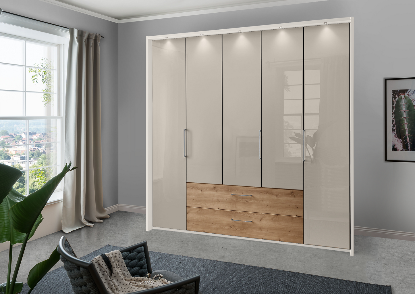 Munich 5 Door Wardrobe Glass Pebble Grey with Drawers 250 cm