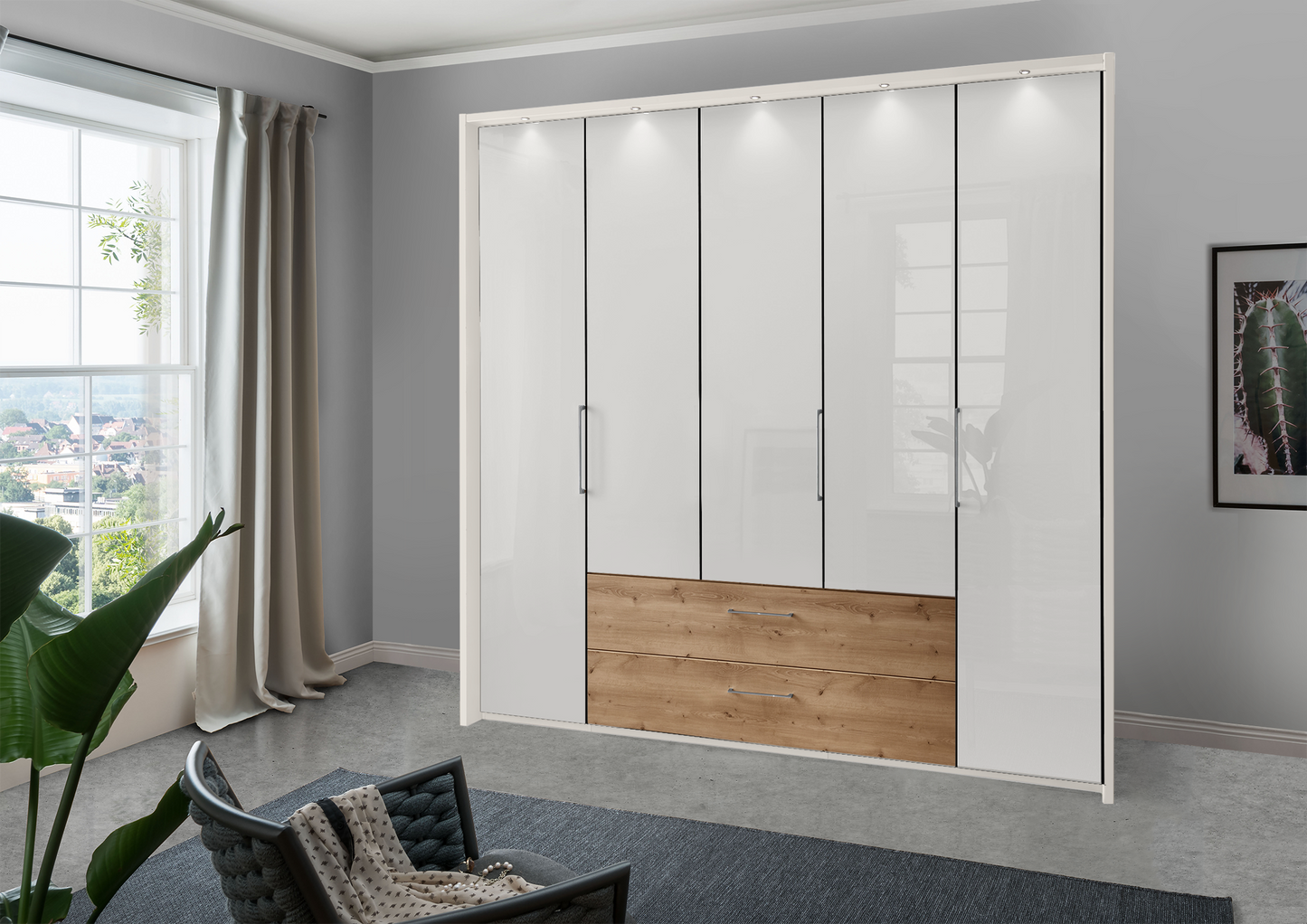 Munich 5 Door Wardrobe Glass White with Drawers 250 cm