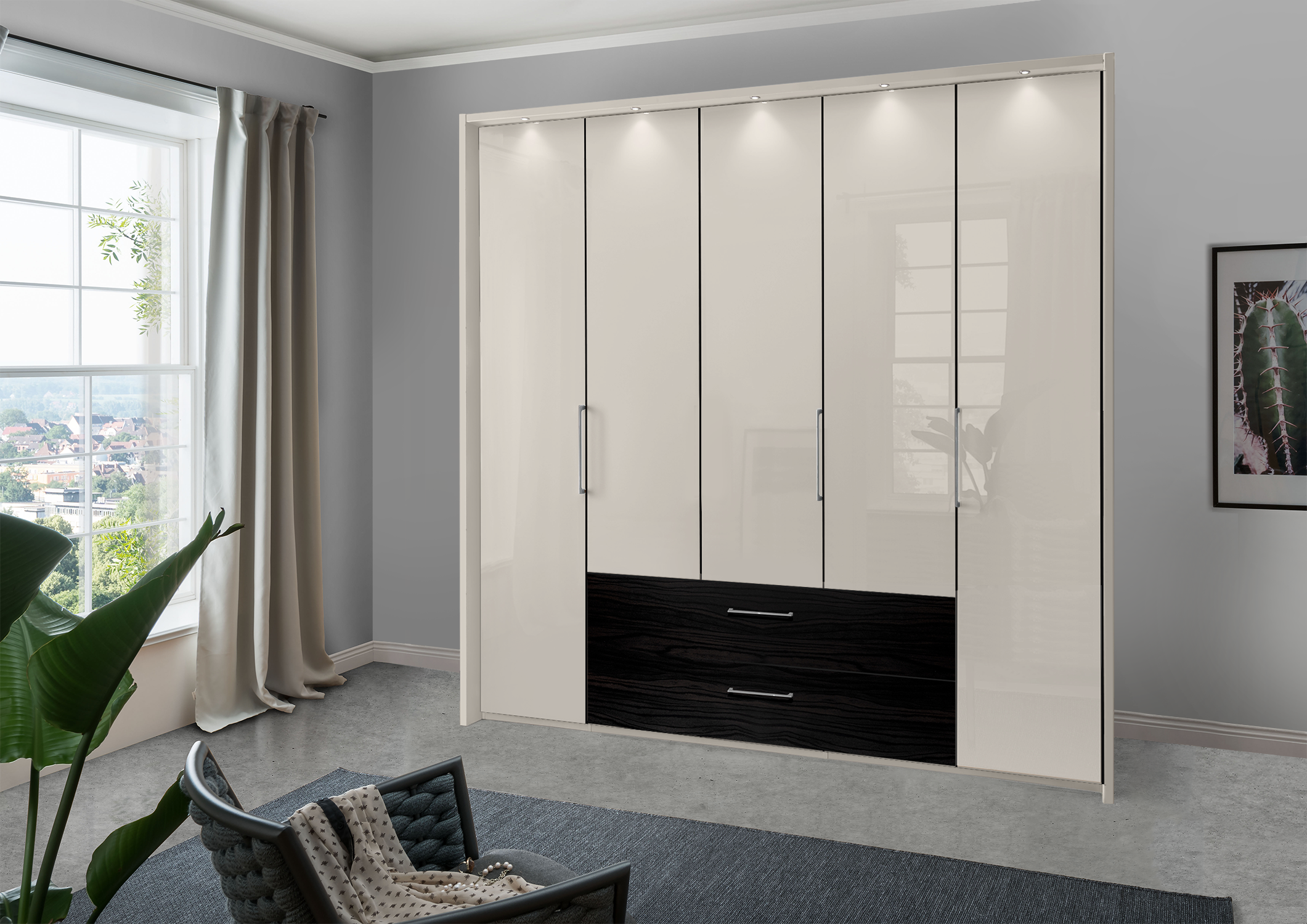 Munich 5 Door Wardrobe Glass Champagne with Drawers 250 cm