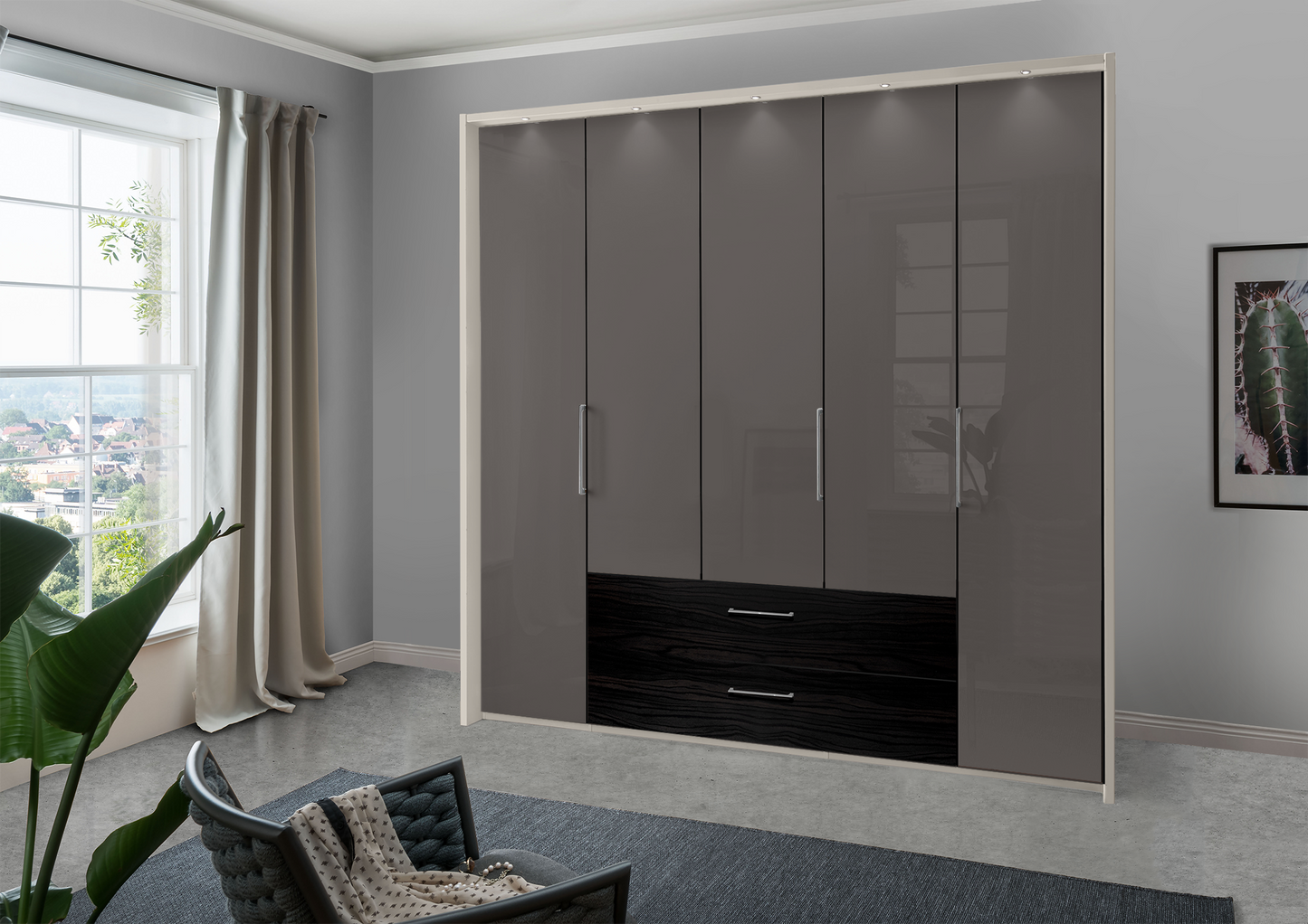 Munich 5 Door Wardrobe Glass Havana with Drawers 250 cm