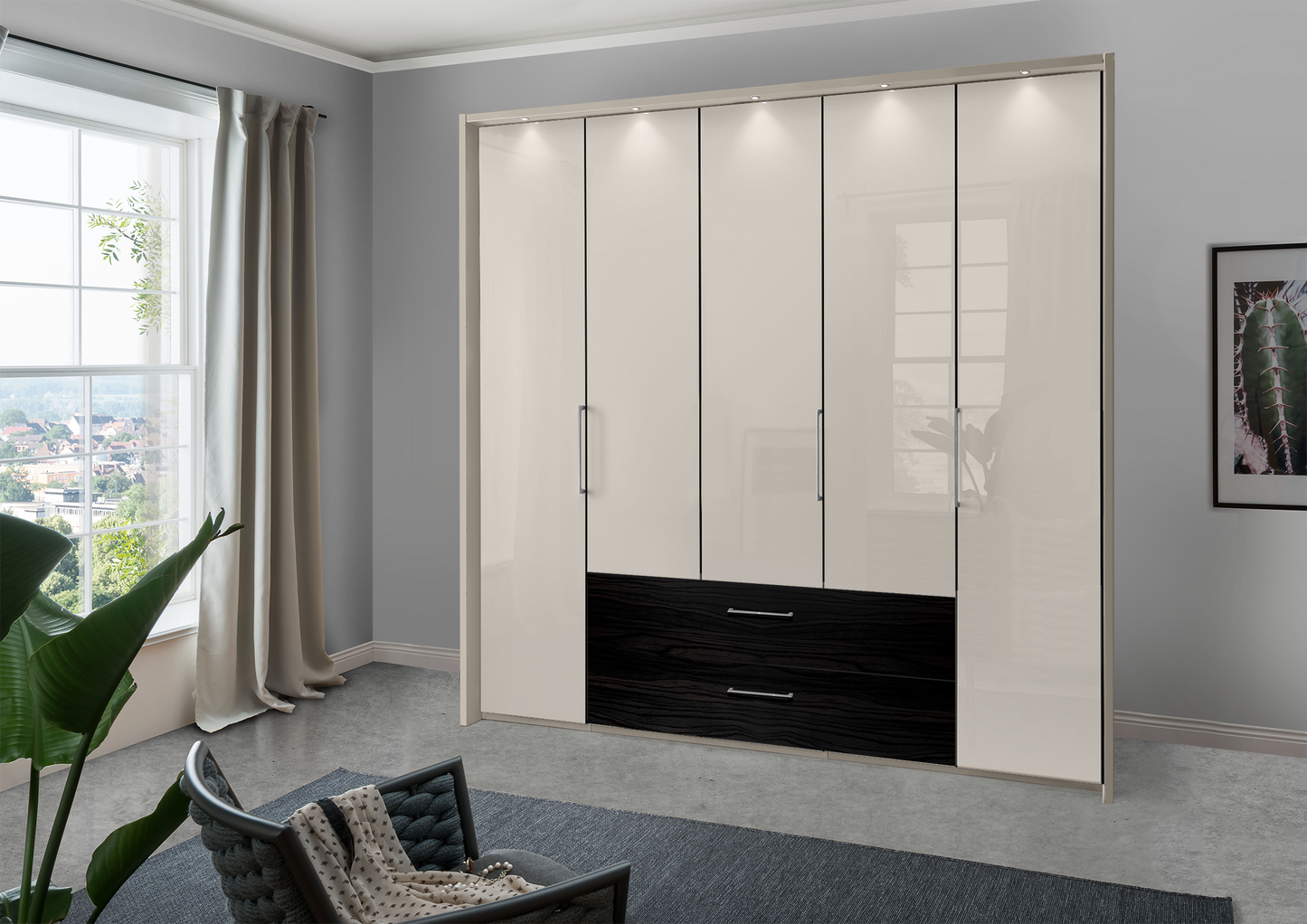 Munich 5 Door Wardrobe Glass Champagne with Drawers 250 cm