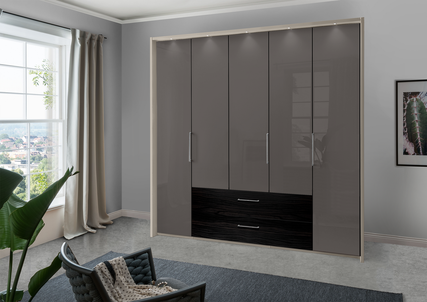 Munich 5 Door Wardrobe Glass Havana with Drawers 250 cm