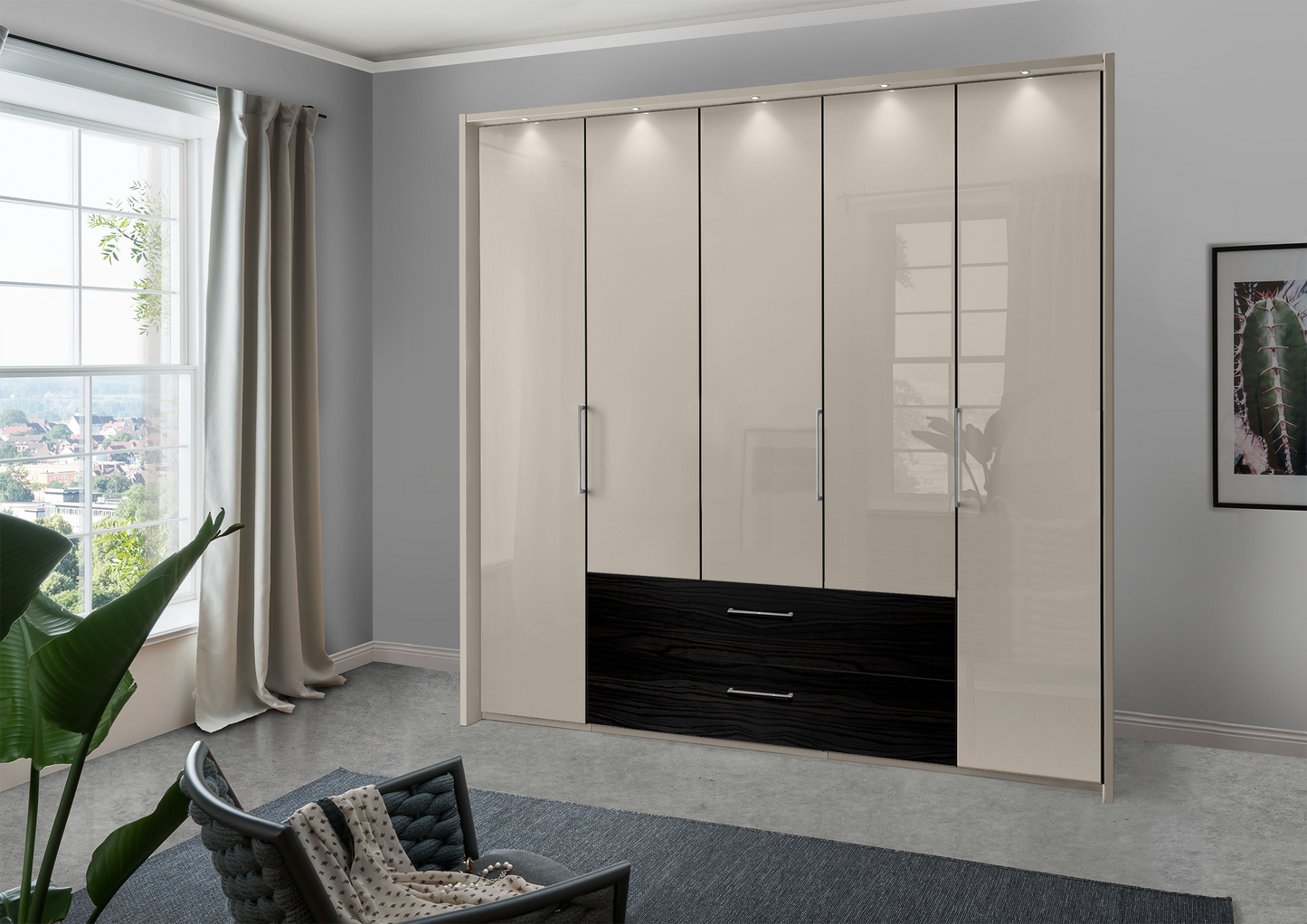 Munich 5 Door Wardrobe Glass Pebble Grey with Drawers 250 cm