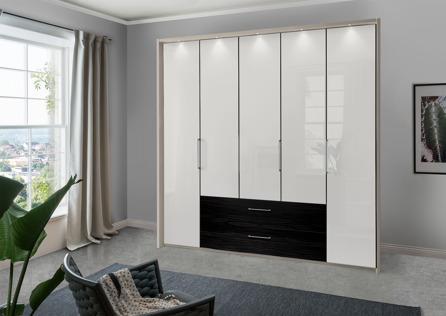 Munich 5 Door Wardrobe Glass White with Drawers 250 cm