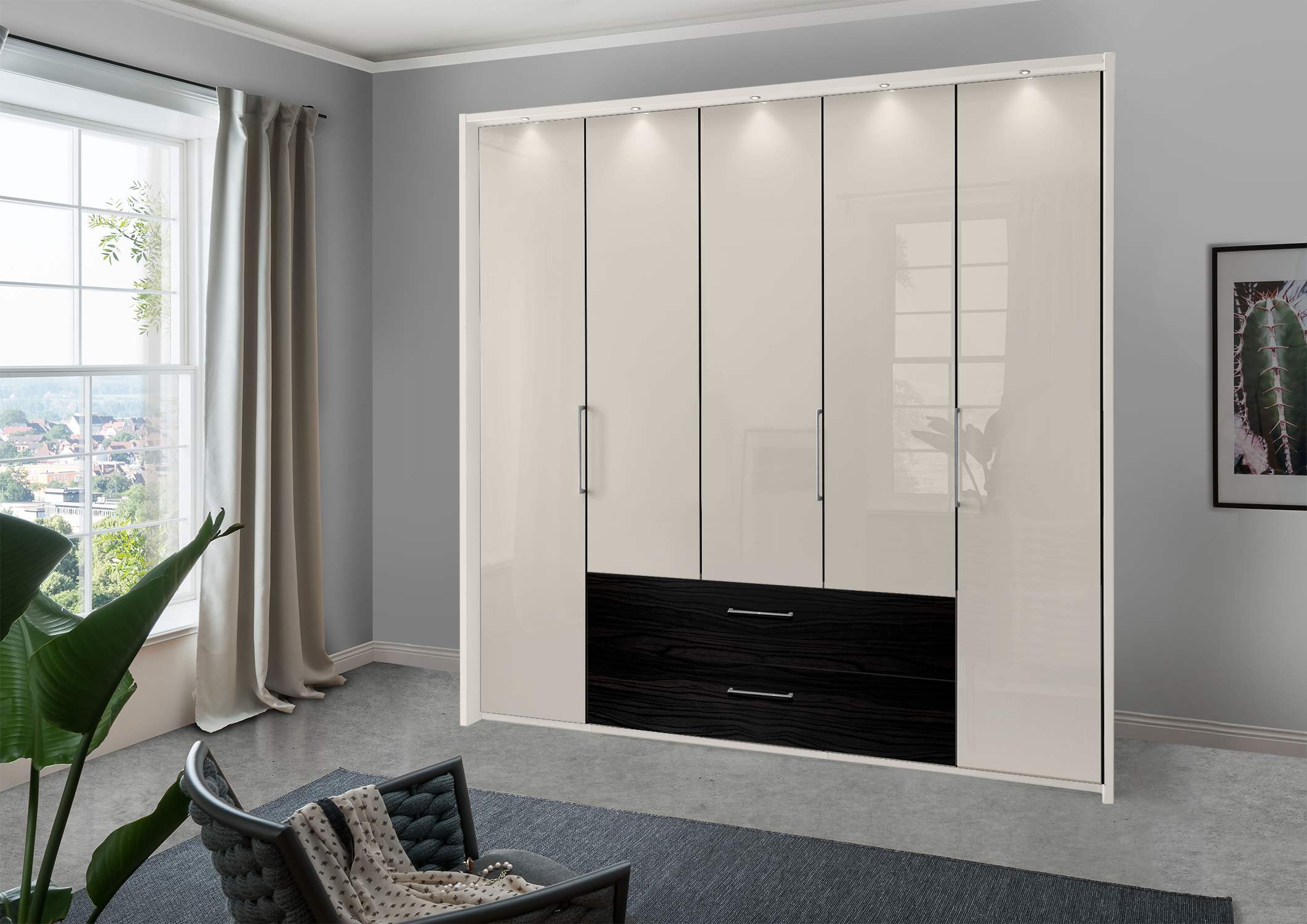 Munich 5 Door Wardrobe Glass Champagne with Drawers 250 cm